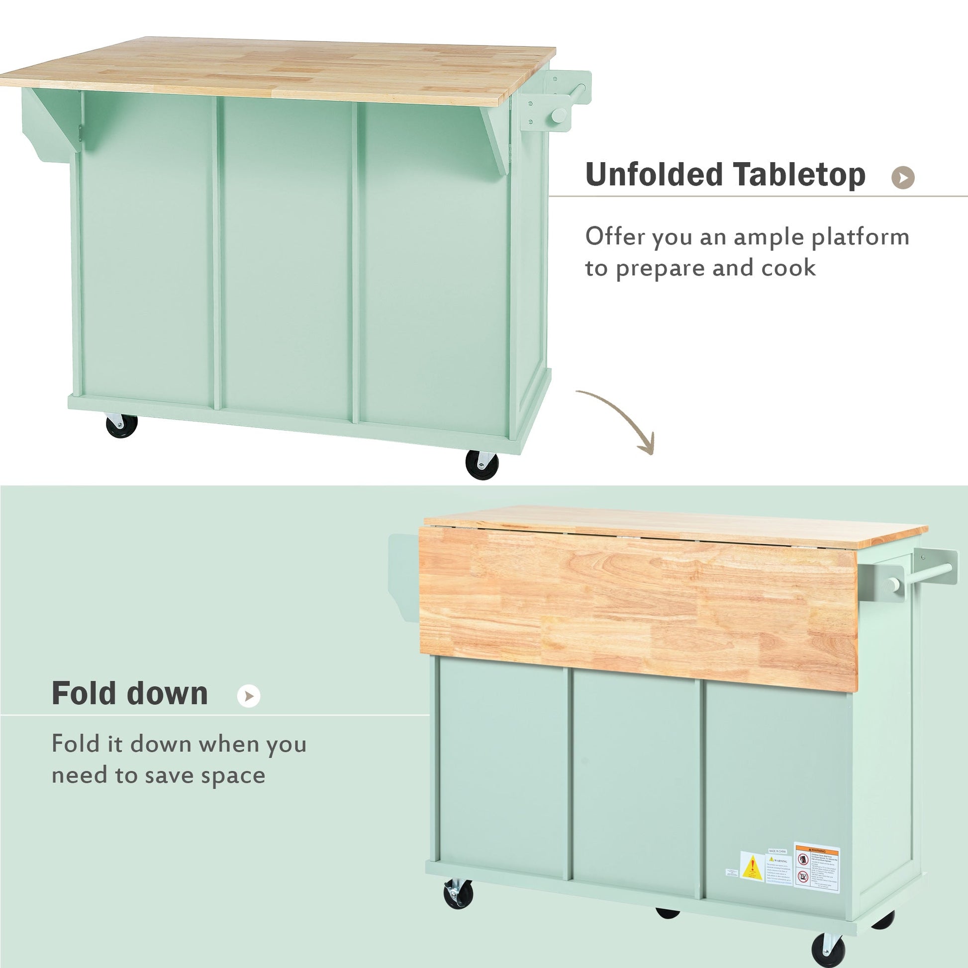 Kitchen trolley, cabinet door internal storage rack with storage cabinet and 3 dining room drawers, mint green - Korvel