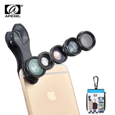 APEXEL 5 in 1 Fisheye Wide Angle Macro lens Telescope telephoto lens CPL Mobile Phone mini camera lens for iPhone Samsung xiaomi - Korvel
