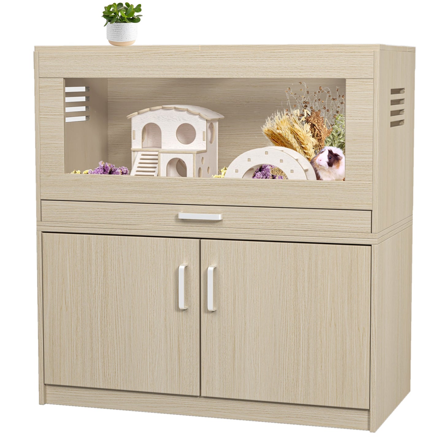 Squirrel cage acrylic panel with independent storage cabinet and wooden guinea pig room with bridge (L 31.50 x W 15.75 x H32.28) - Korvel
