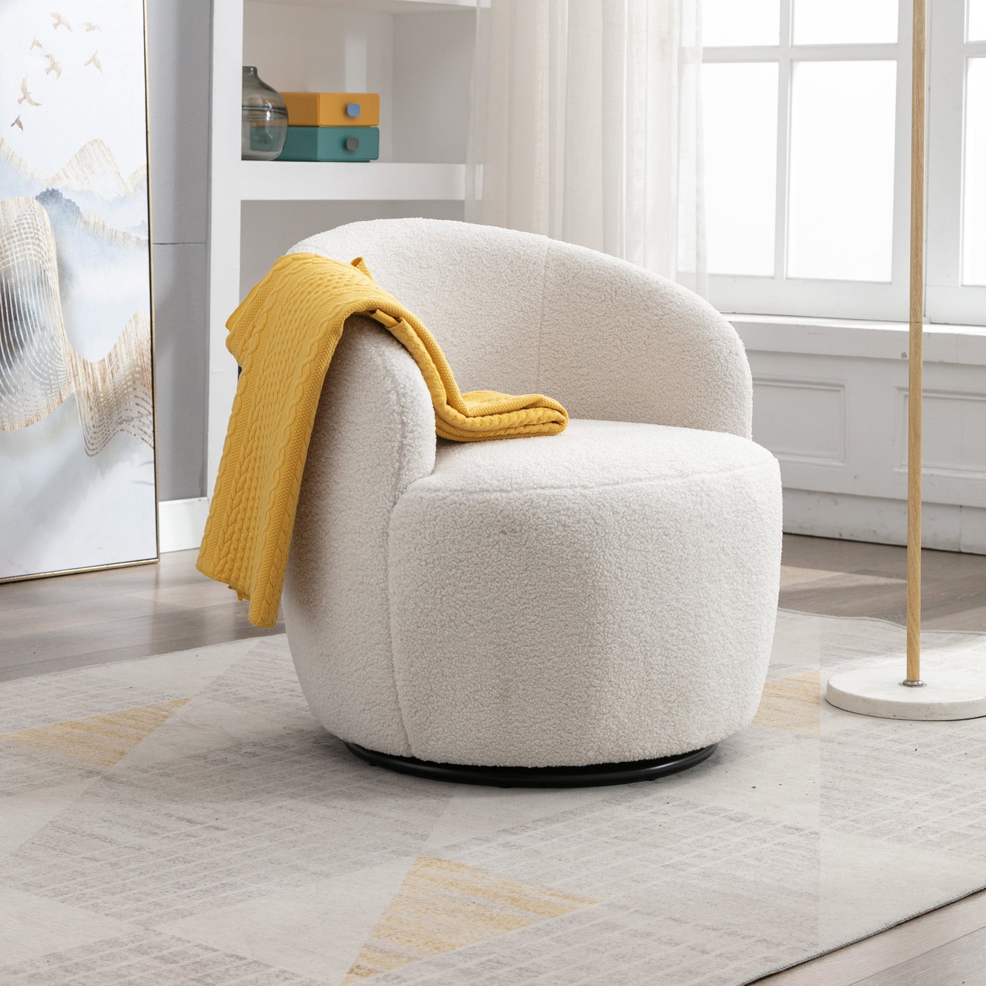 Teddy Fabric Swivel Accent Armchair Barrel Chair With Black Powder Coating Metal Ring Ivory White - Korvel