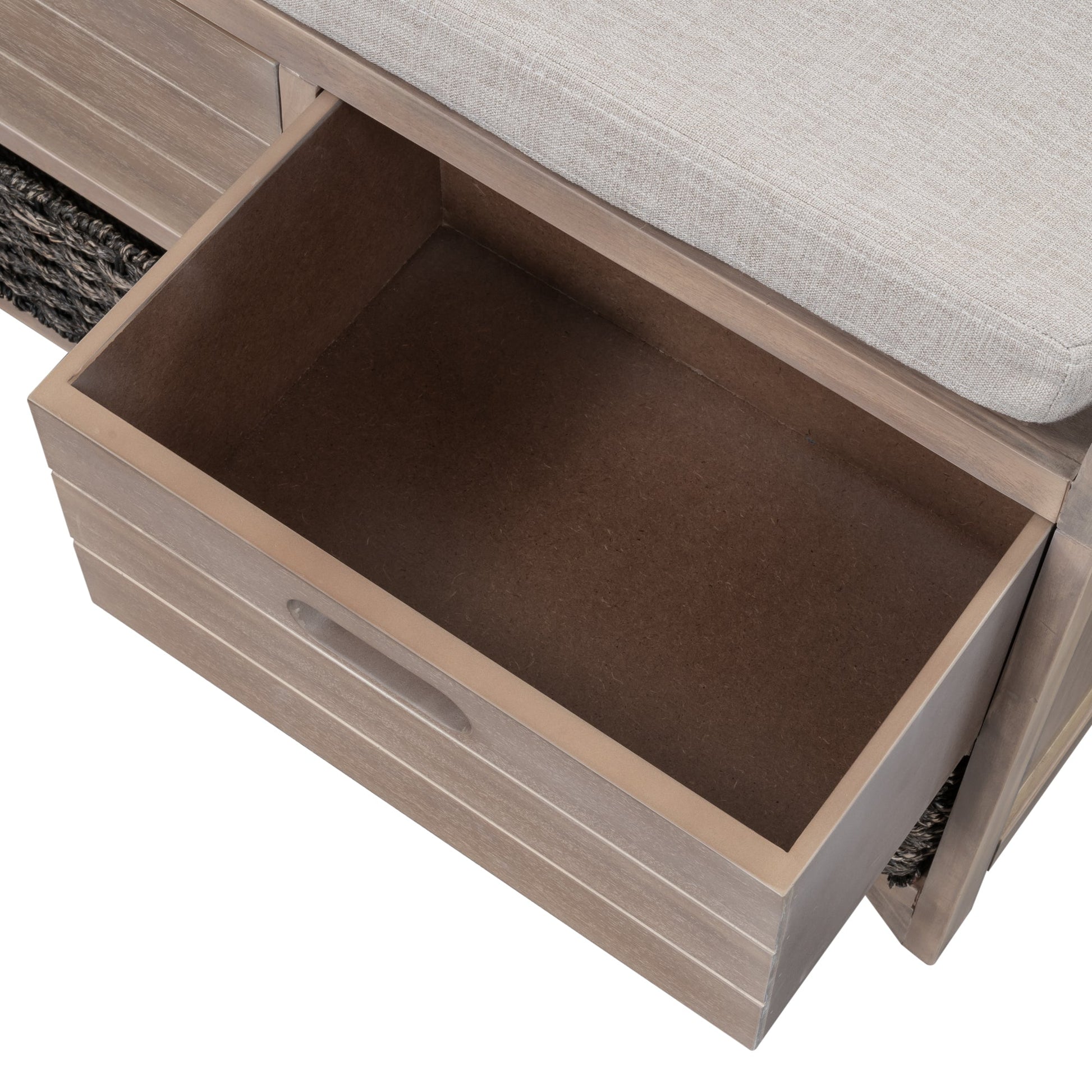 TREXM Storage Bench with Removable Basket and 2 Drawers, Fully Assembled Shoe Bench with Removable Cushion (White Washed) - Korvel