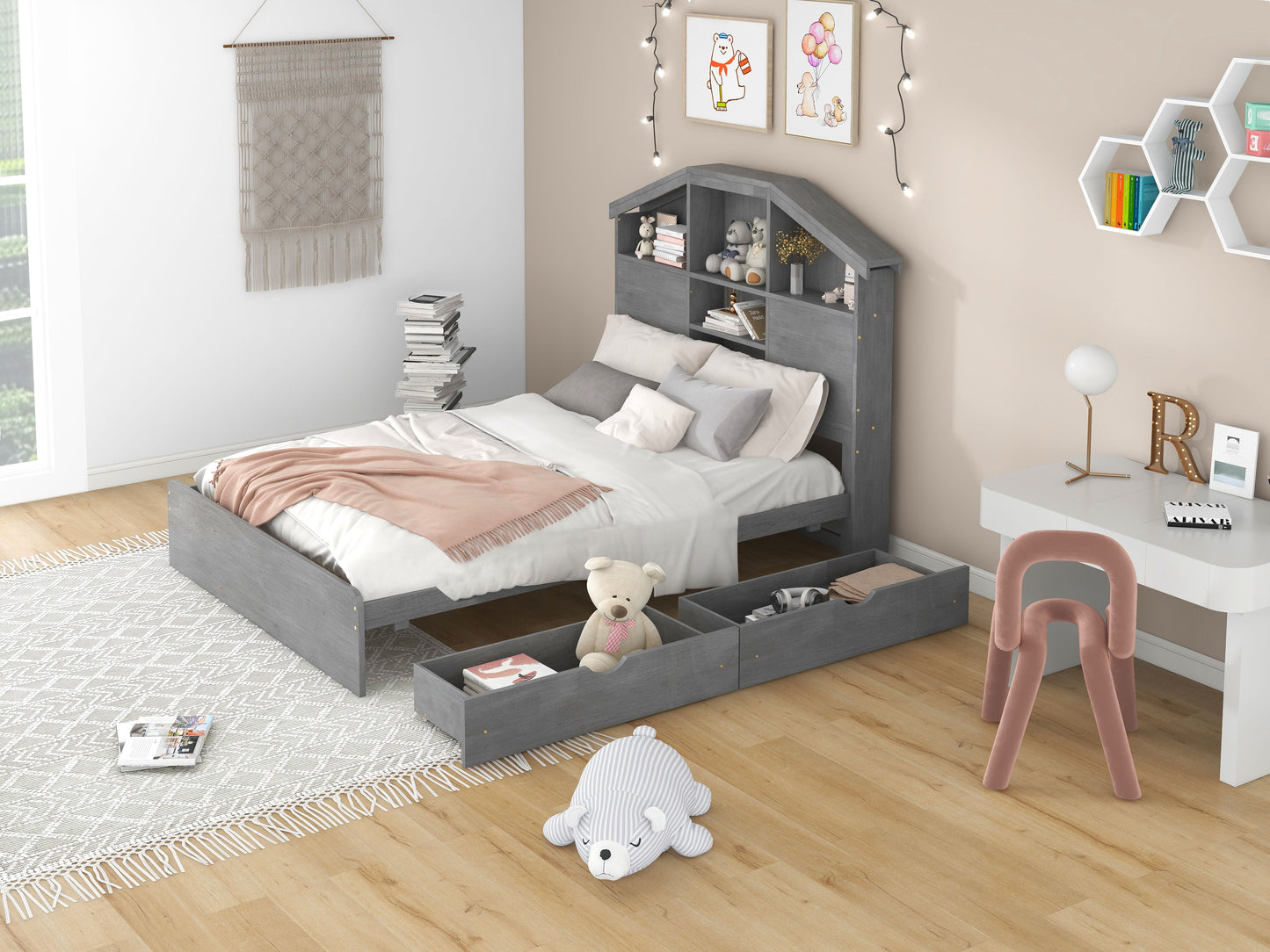 Full Size Wood Platform Bed with Storage Headboard - Gray