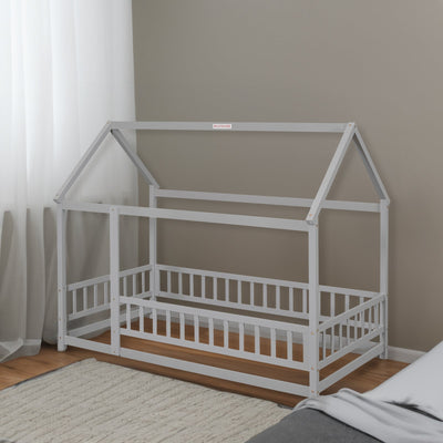Twin Size Floor Wooden Bed with House Roof Frame, Fence Guardrails,Grey - Korvel