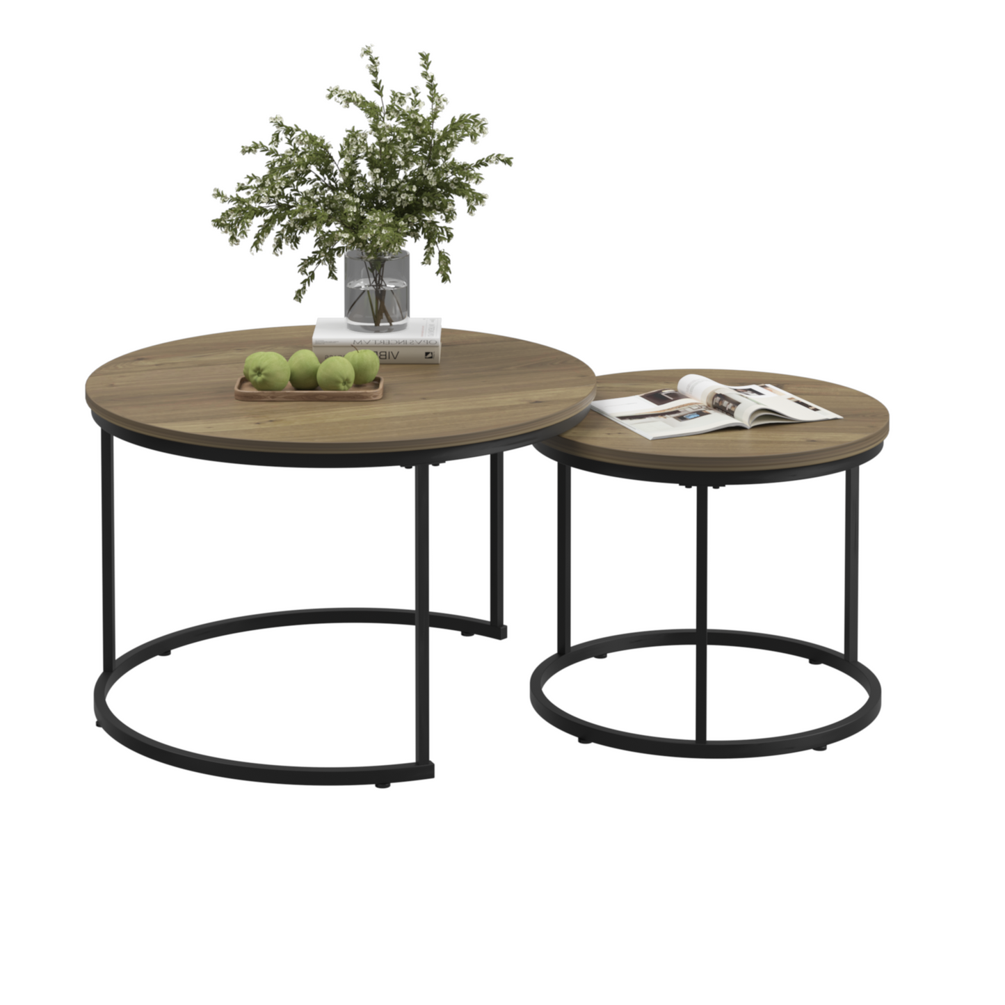 A set of nested coffee tables, 27.6-inch round coffee table, industrial wood veneer, with sturdy metal frame (brown) - Korvel