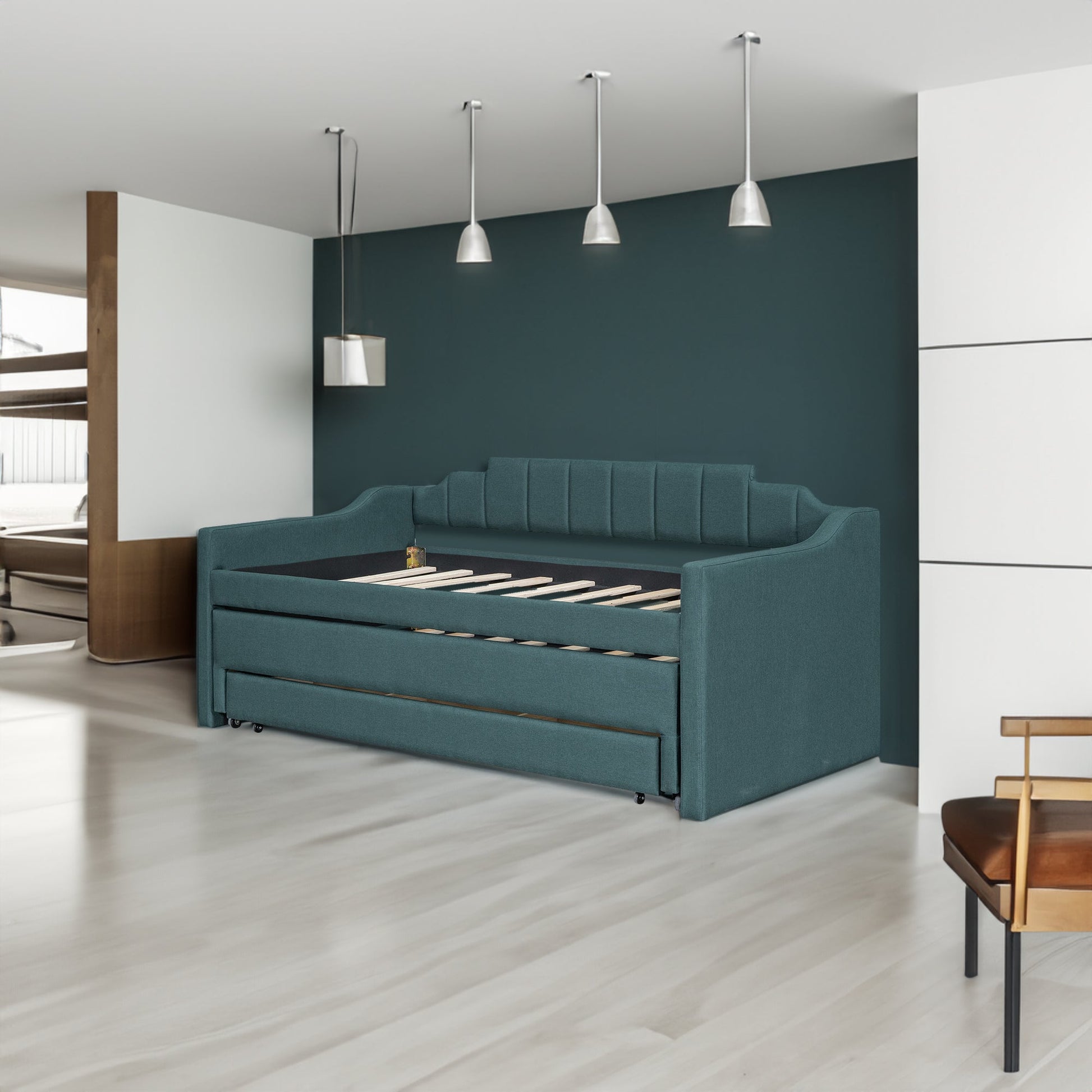 Twin Size Upholstered Daybed with Trundle and Three Drawers,Green - Korvel