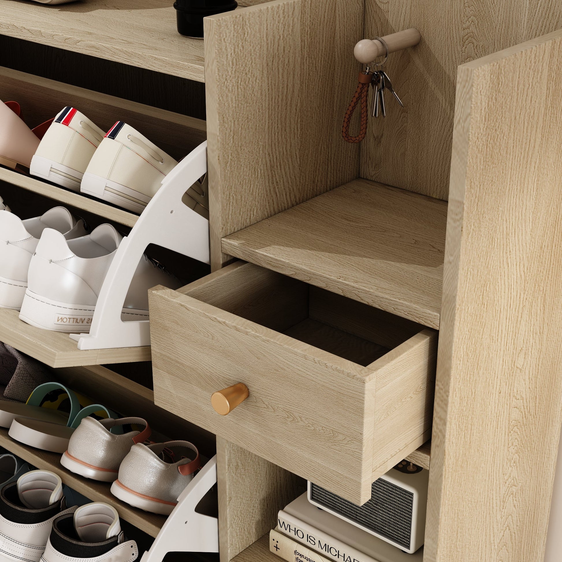 Natural Bohemian style shoe cabinet with 3 rattan flip drawers, 3 square shelves, and 1 storage drawer,  Natural - Korvel