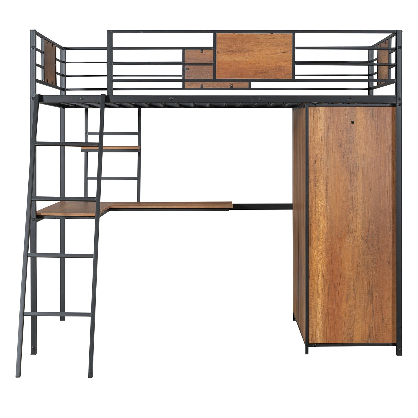 Twin Size Loft bed with L-shape Desk and Wardrobe, Black - Korvel