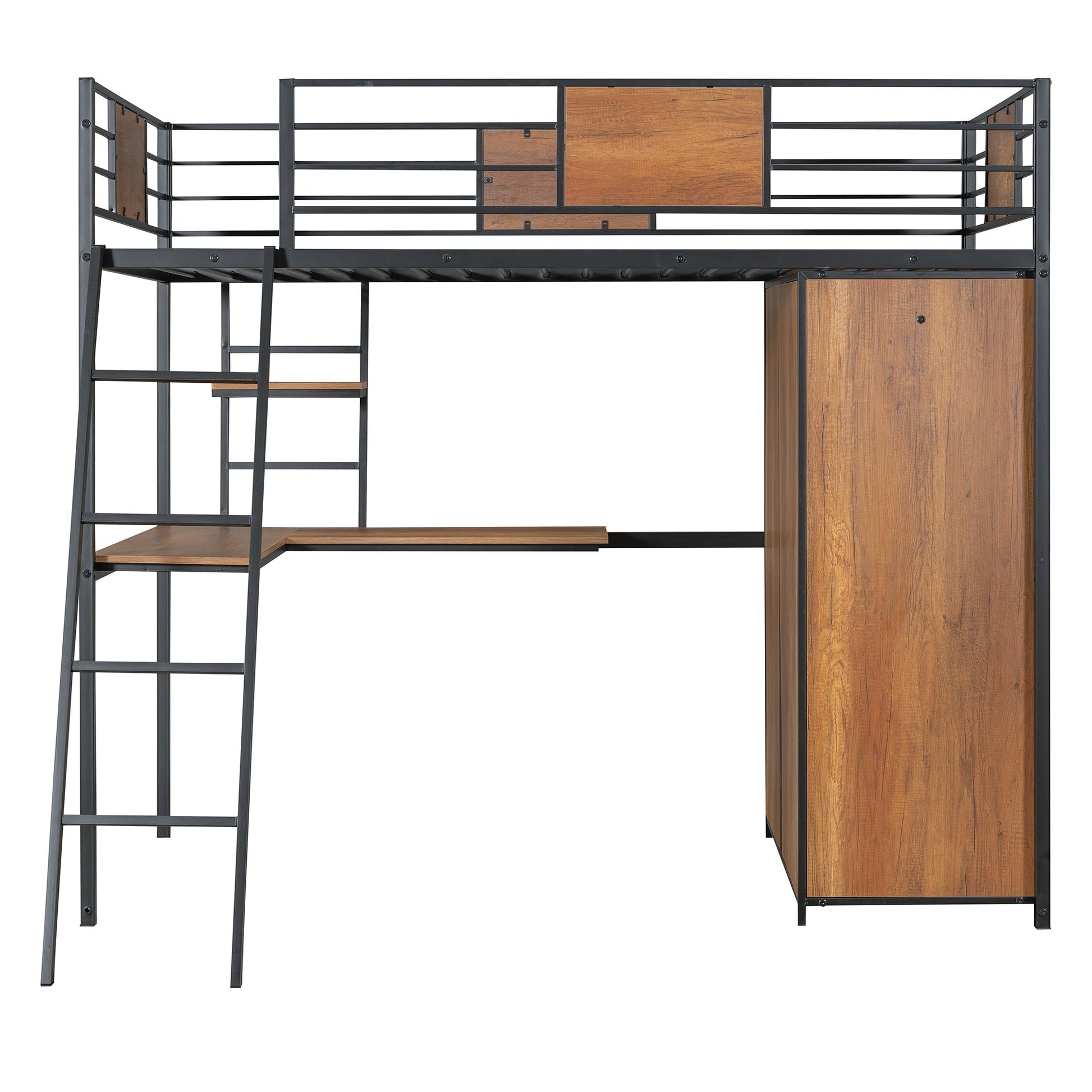 Twin Size Loft bed with L-shape Desk and Wardrobe, Black - Korvel