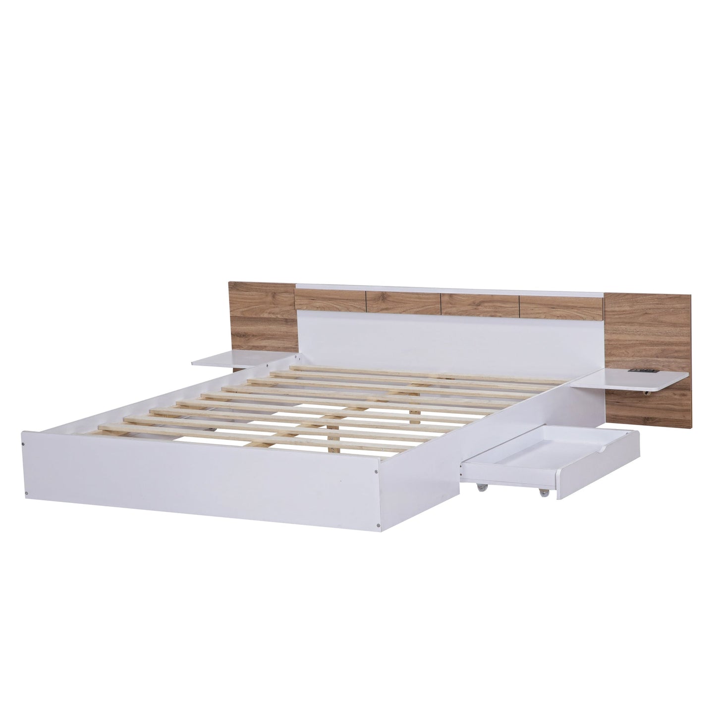 Queen Size Platform Bed with Headboard, Drawers, Shelves, USB Ports and Sockets  White - Korvel