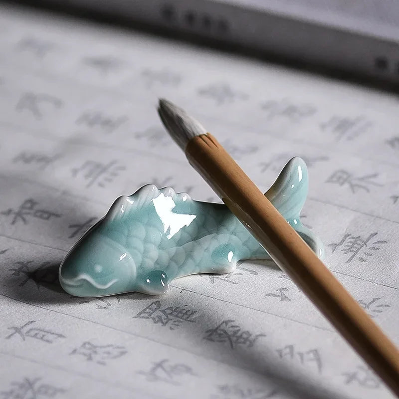 Celadon Koi Pen Holder Multi functional Small Pen Stand Creative Small Pen Stop Pen Mountain Student Desktop Exquisite Ornament - Korvel