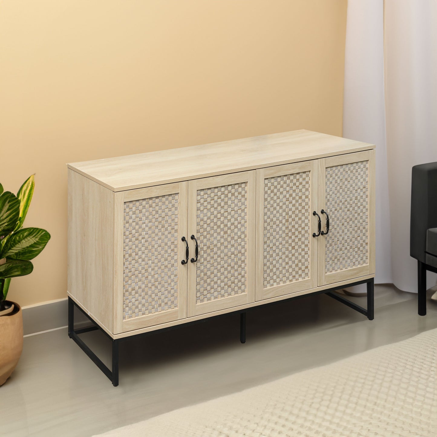 Buffet 4 Portes en Rotin - Cabinet de Rangement Élégant