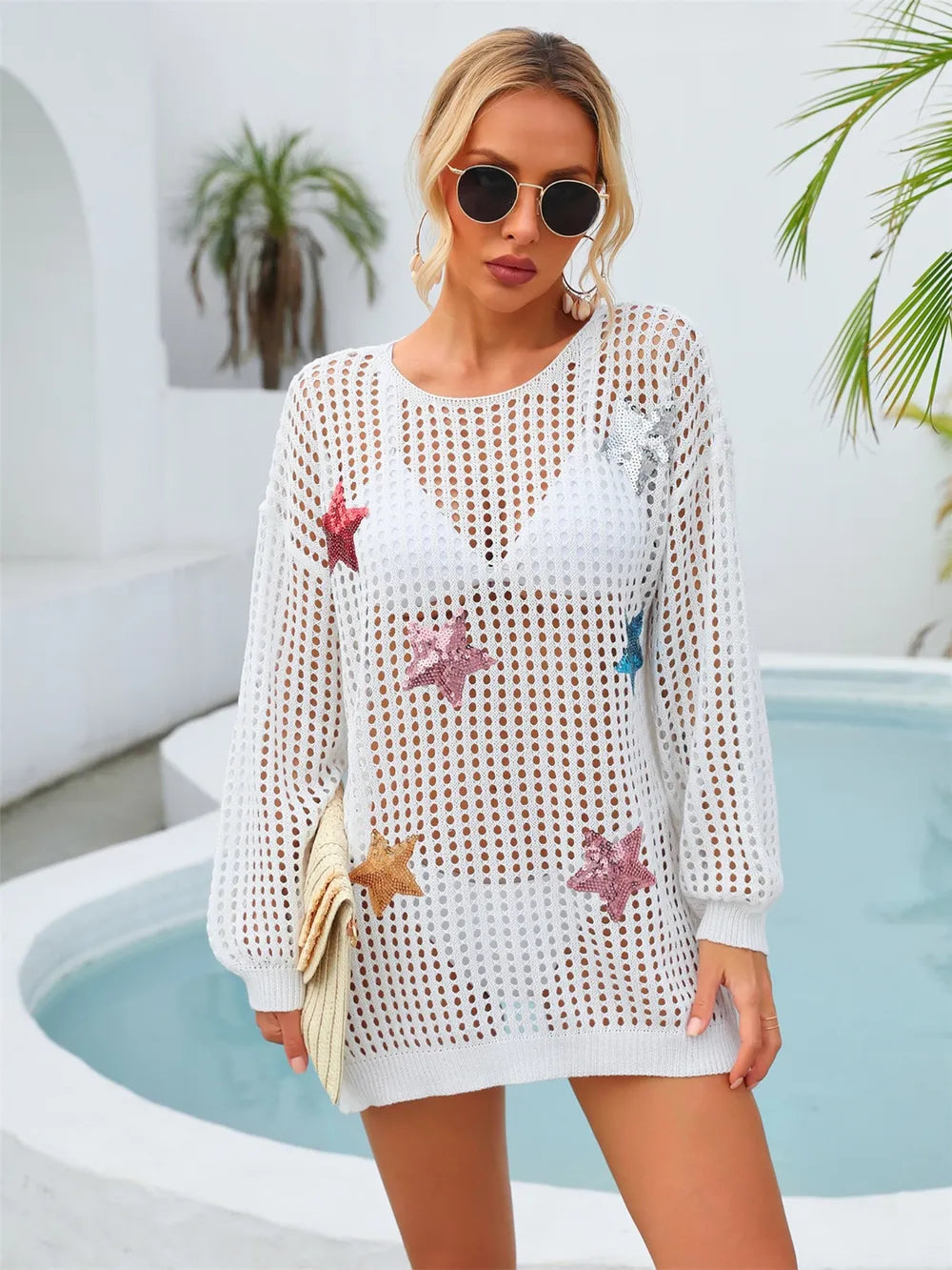 Sequin Star Round Neck Long Sleeve Cover Up - Korvel