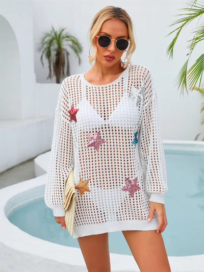Sequin Star Round Neck Long Sleeve Cover Up - Korvel