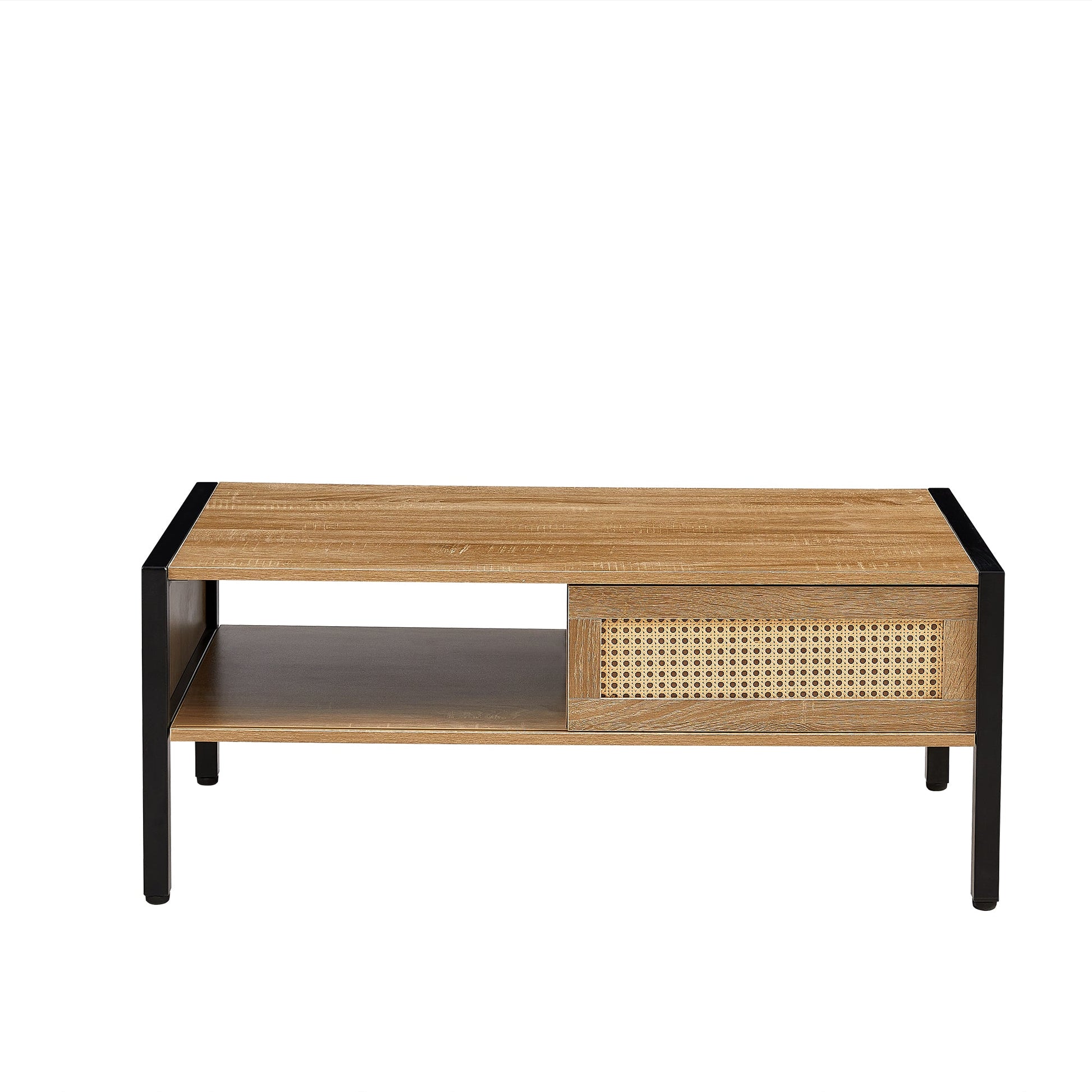 40.16" Rattan Coffee table, sliding door for storage, metal legs, Modern table for living room , natural - Korvel