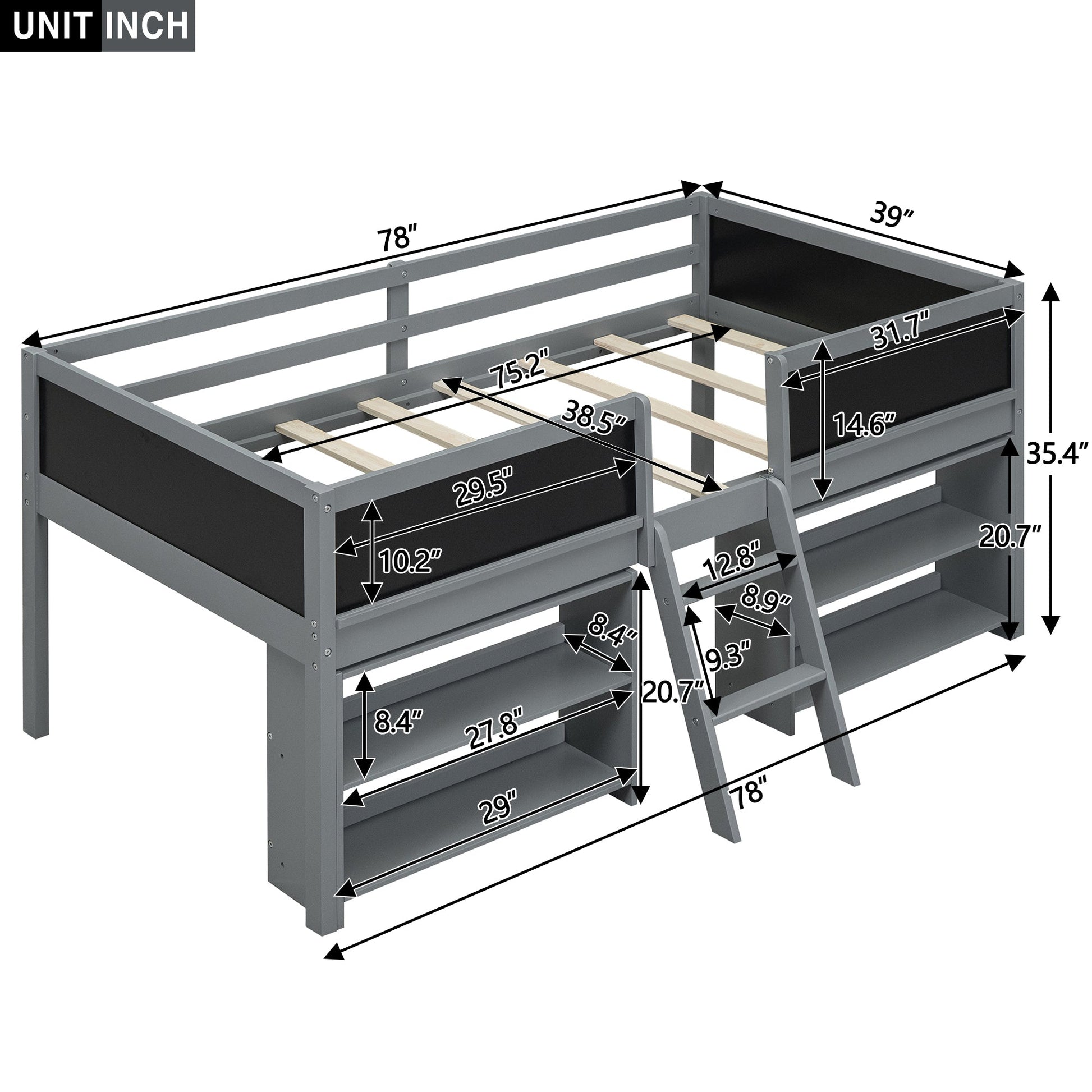 Twin Size Low Loft Bed with Two Movable Shelves and Ladder,with Decorative Guardrail Chalkboard,Gray - Korvel