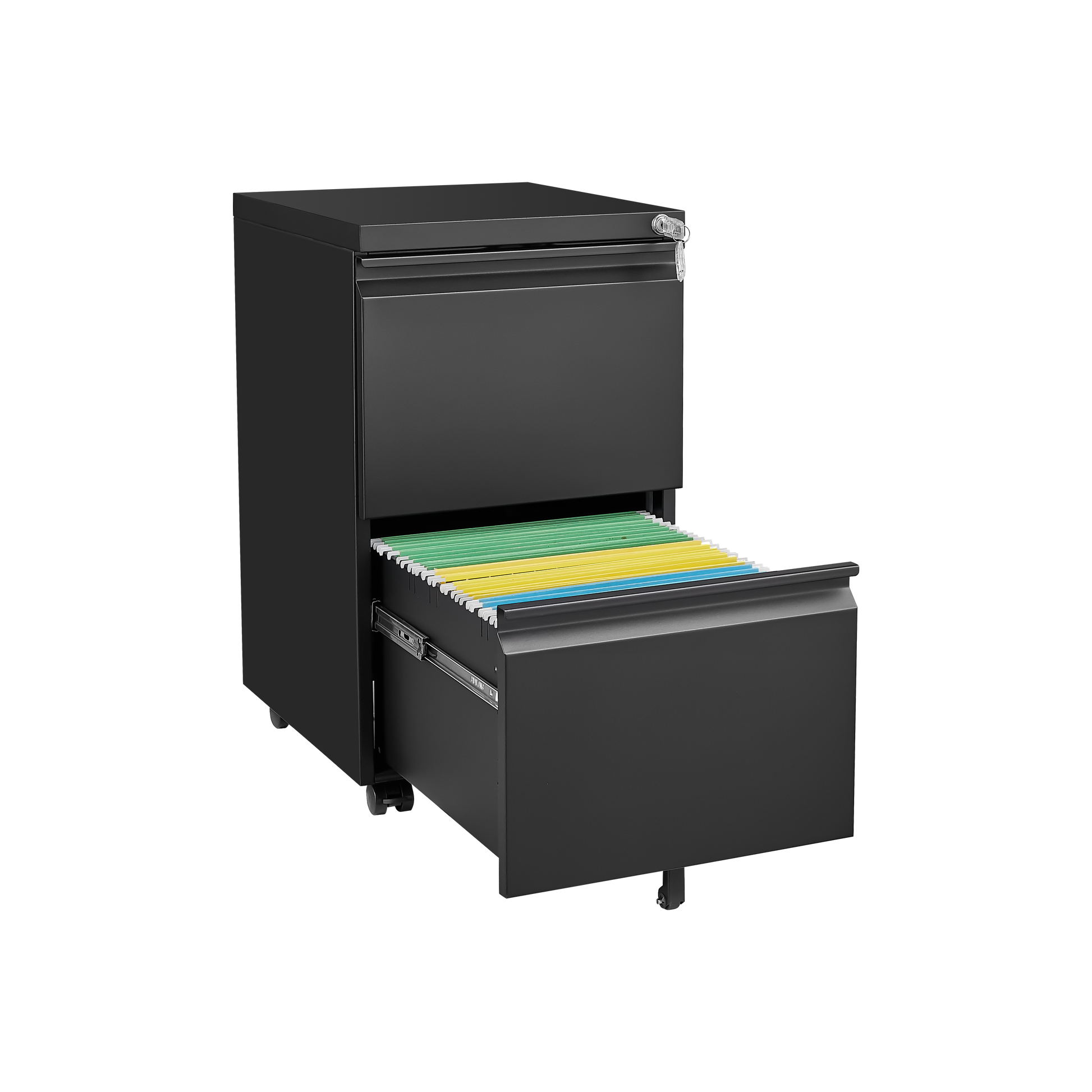 Metal 2 drawer mobile file cabinet with lock, 25.6-inch high legal/letter size file storage cabinet  black - Korvel