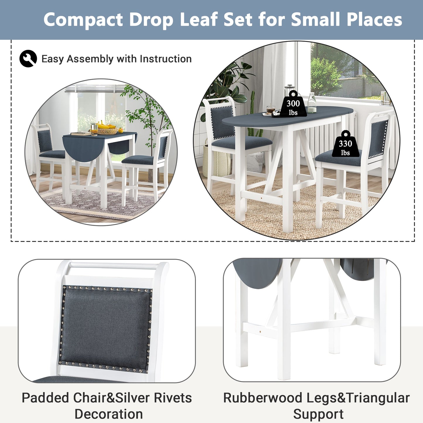 Ensemble de salle à manger surélevé en bois TOPMAX 3 pièces - Blanc et gris