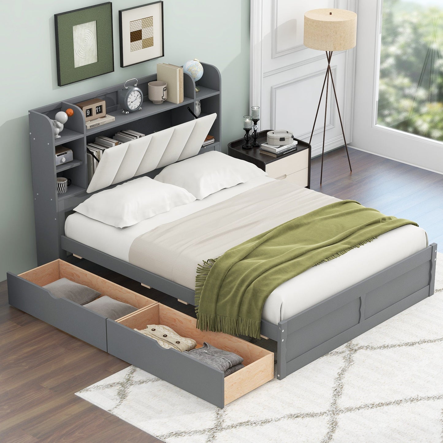 Wood Queen Size Platform Bed with Storage Headboard  Shelves and 2 Drawers  Gray - Korvel