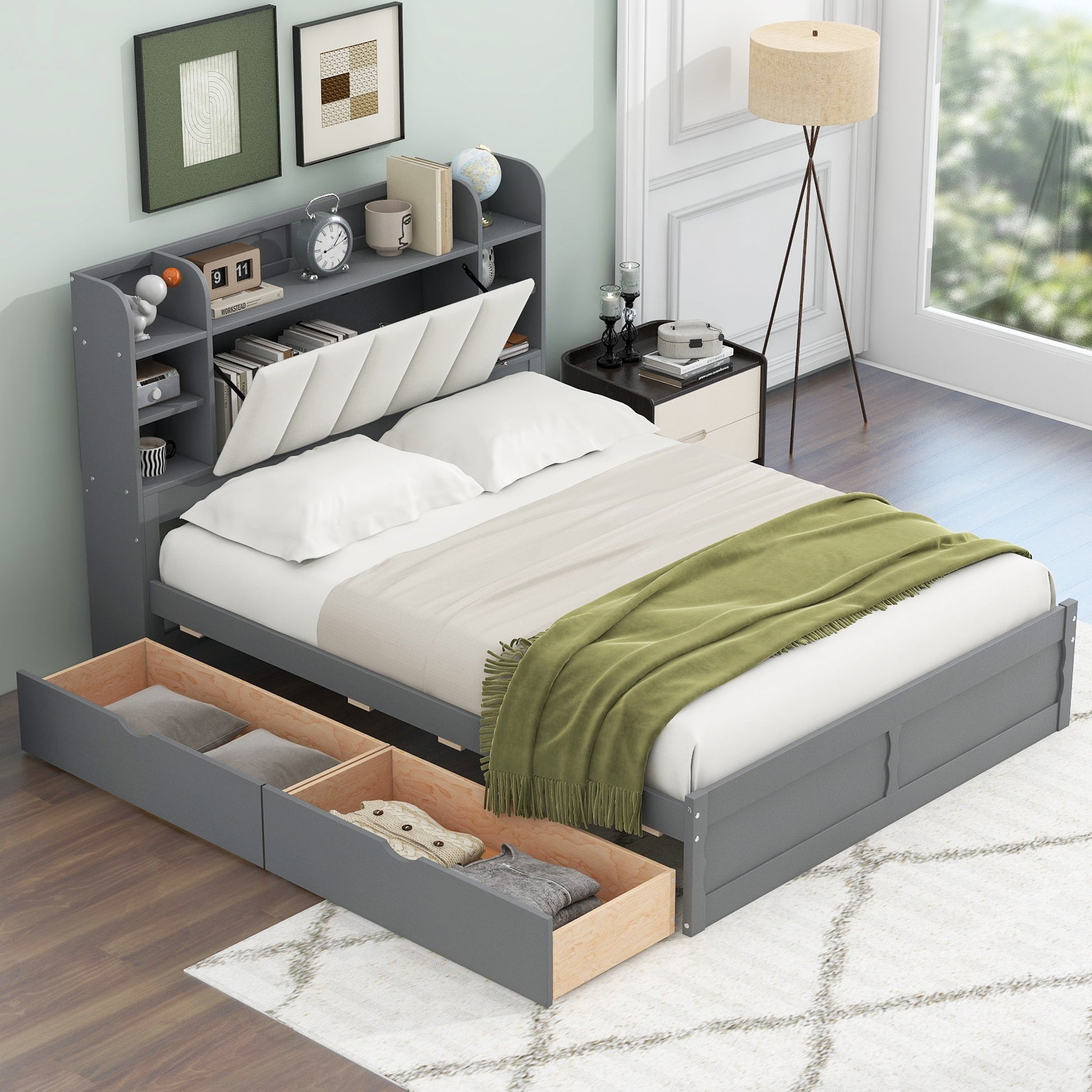 Wood Queen Size Platform Bed with Storage Headboard  Shelves and 2 Drawers  Gray - Korvel