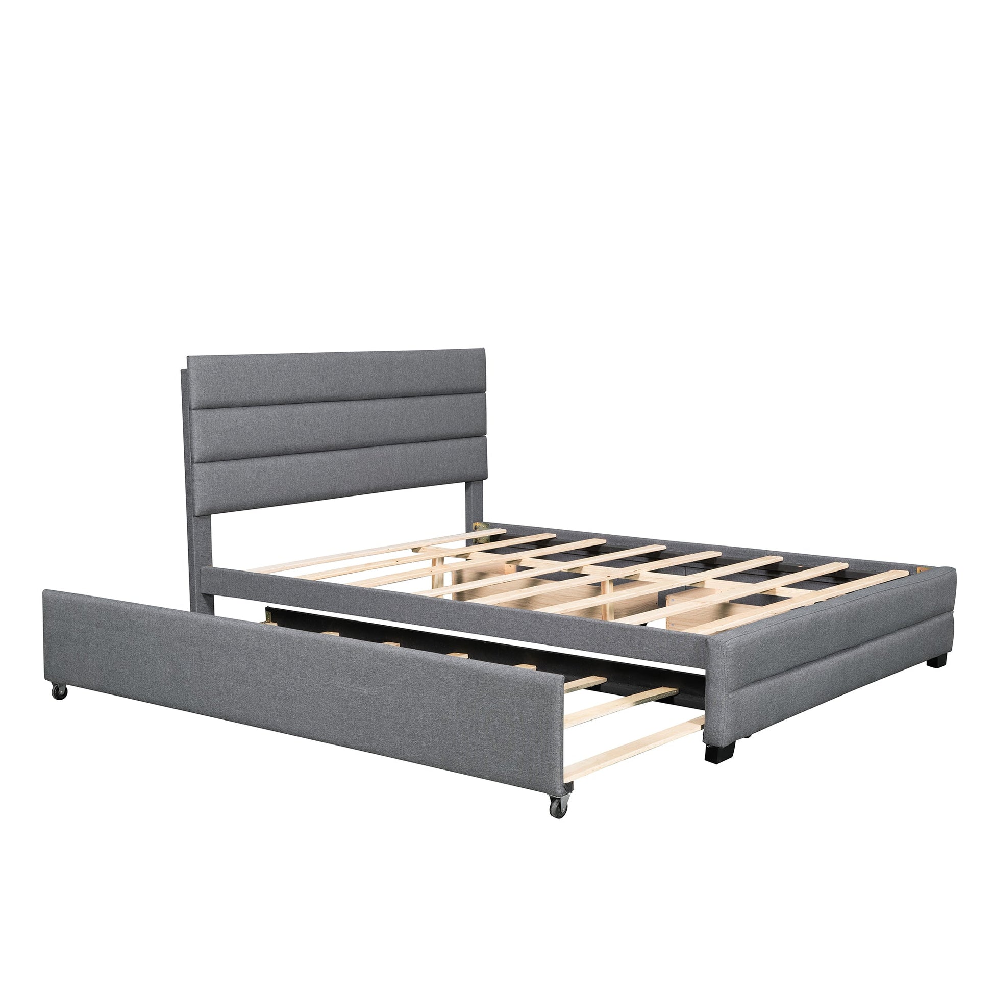 Queen Upholstered Platform Bed with Twin Size Trundle and Two Drawers Grey - Korvel