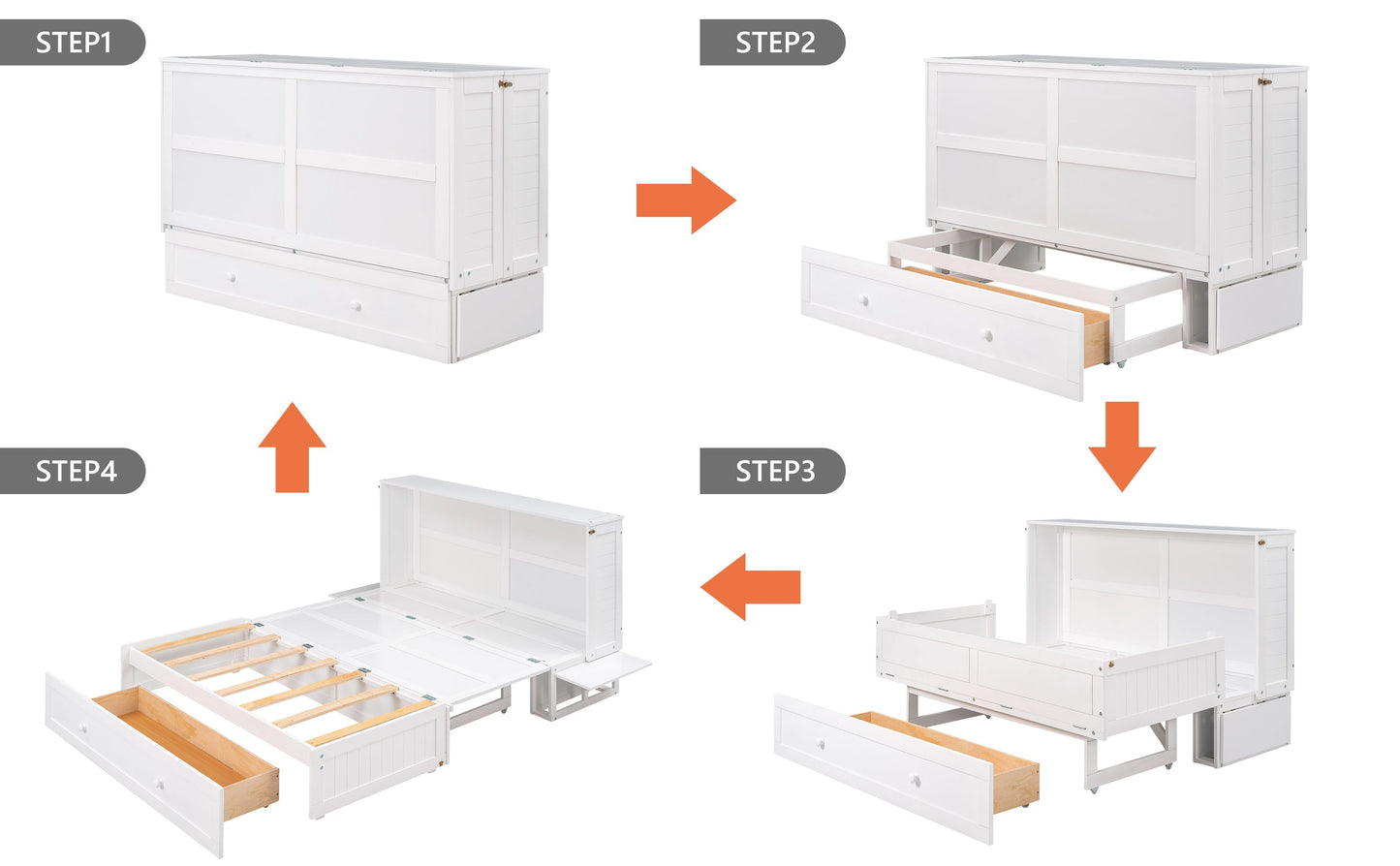 Queen Size Mobile Murphy Bed with Drawer and Little Shelves on Each Side White - Korvel