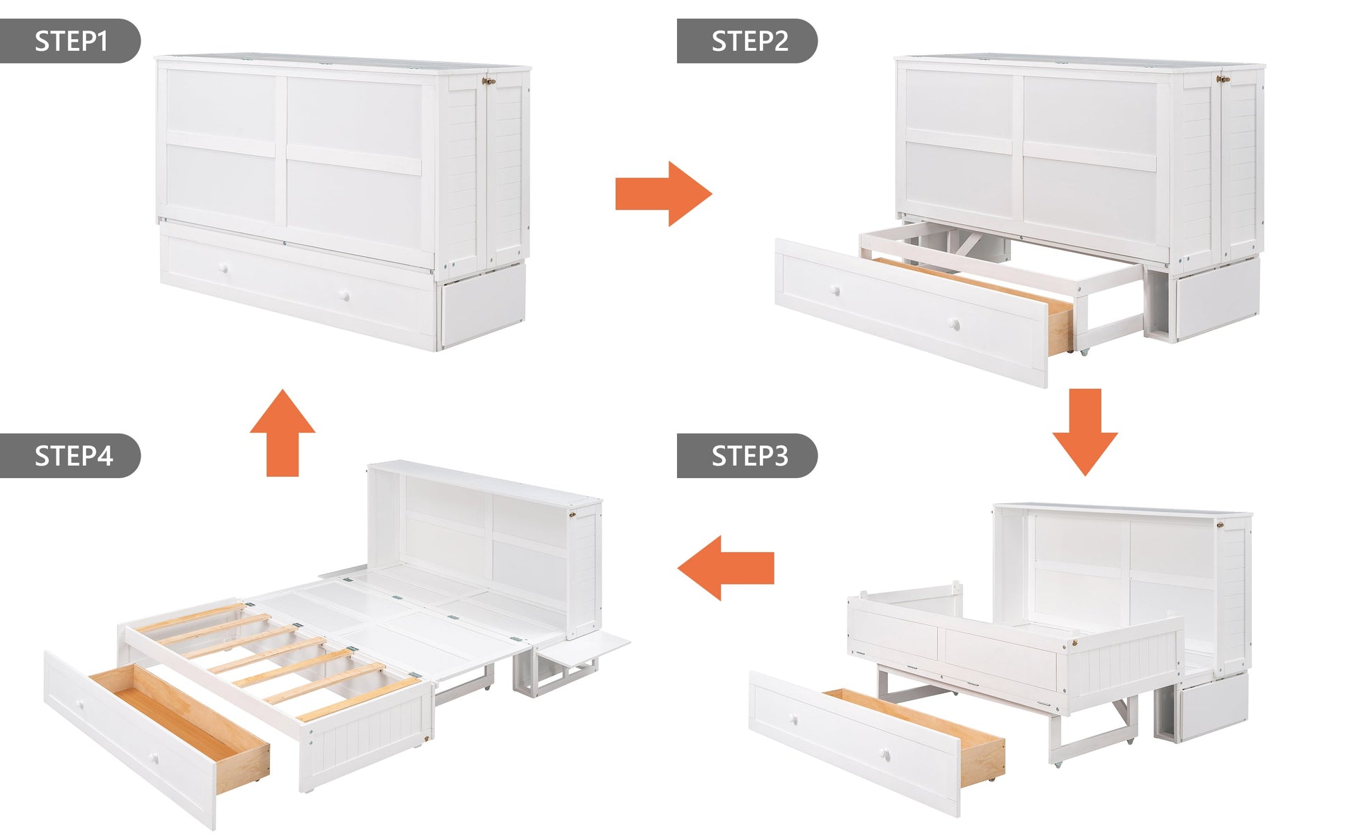 Queen Size Mobile Murphy Bed with Drawer and Little Shelves on Each Side White - Korvel