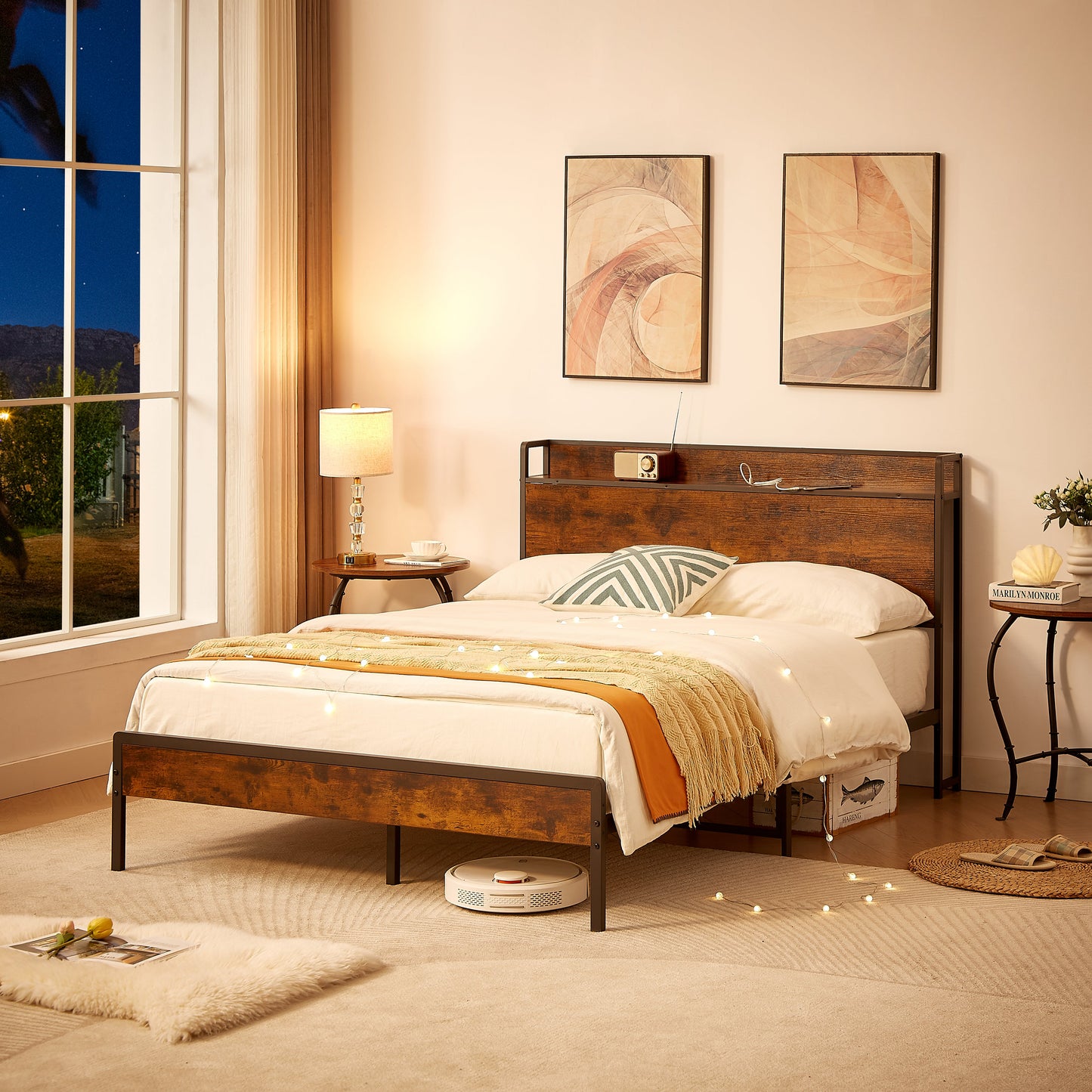 Bed frame with charging station full size, Rustic Brown, 83.1'' L x 56.1'' W x 39'' H - Korvel