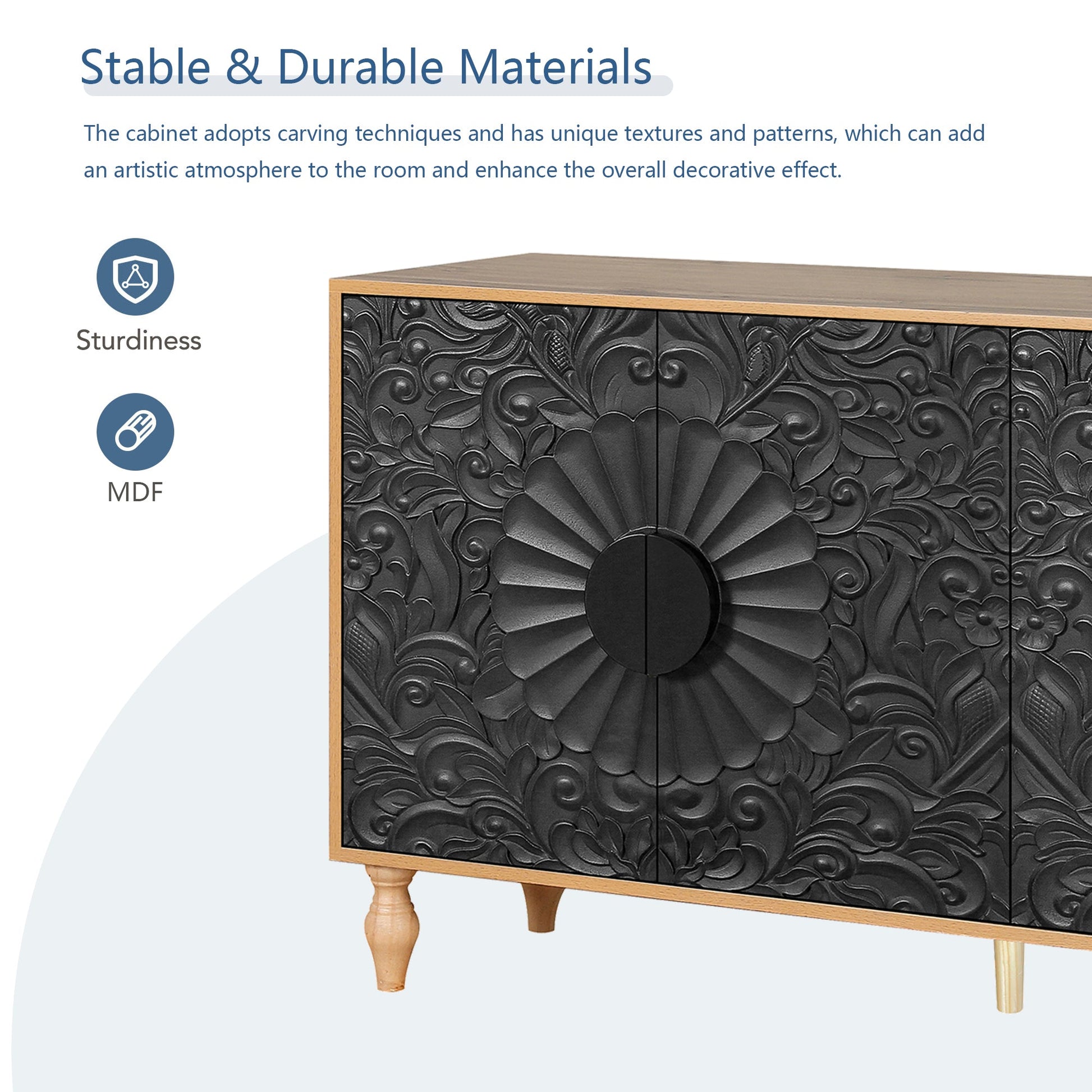 Black Carved Symmetrical Design Door And Wood Coloured Frame For TV Stand Table,Living Room ,Entryway - Korvel