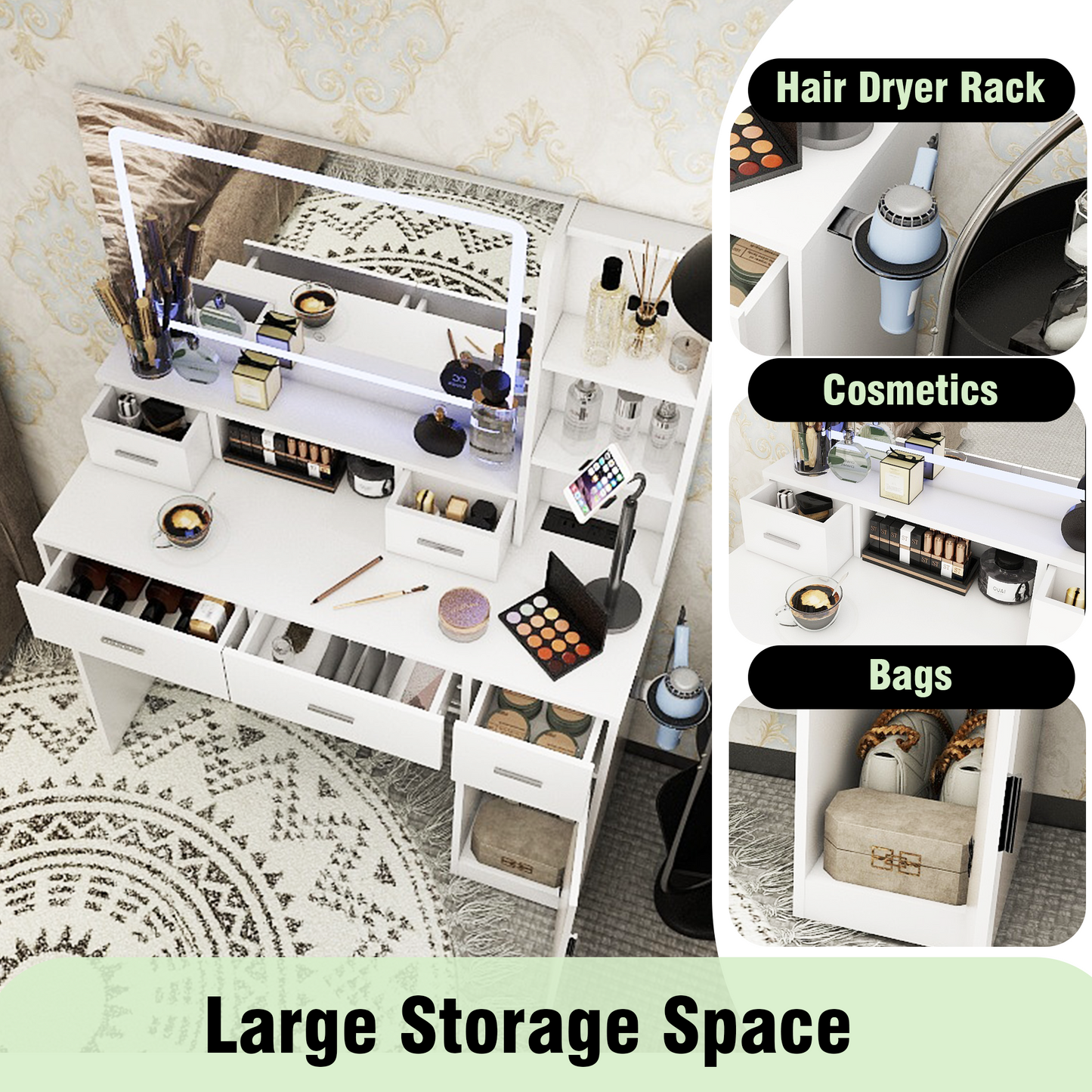 Smart mirror dressing table with drawers and storage cabinets, dressing table with bedroom dressing table, changing room - Korvel