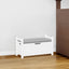 A white rubber wood children's toy box with soft cushioned seats, stools, flip covers, and safety hinges for toy storage - Korvel