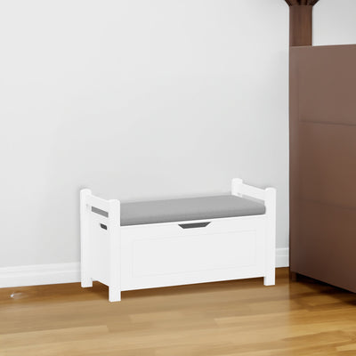 A white rubber wood children's toy box with soft cushioned seats, stools, flip covers, and safety hinges for toy storage - Korvel