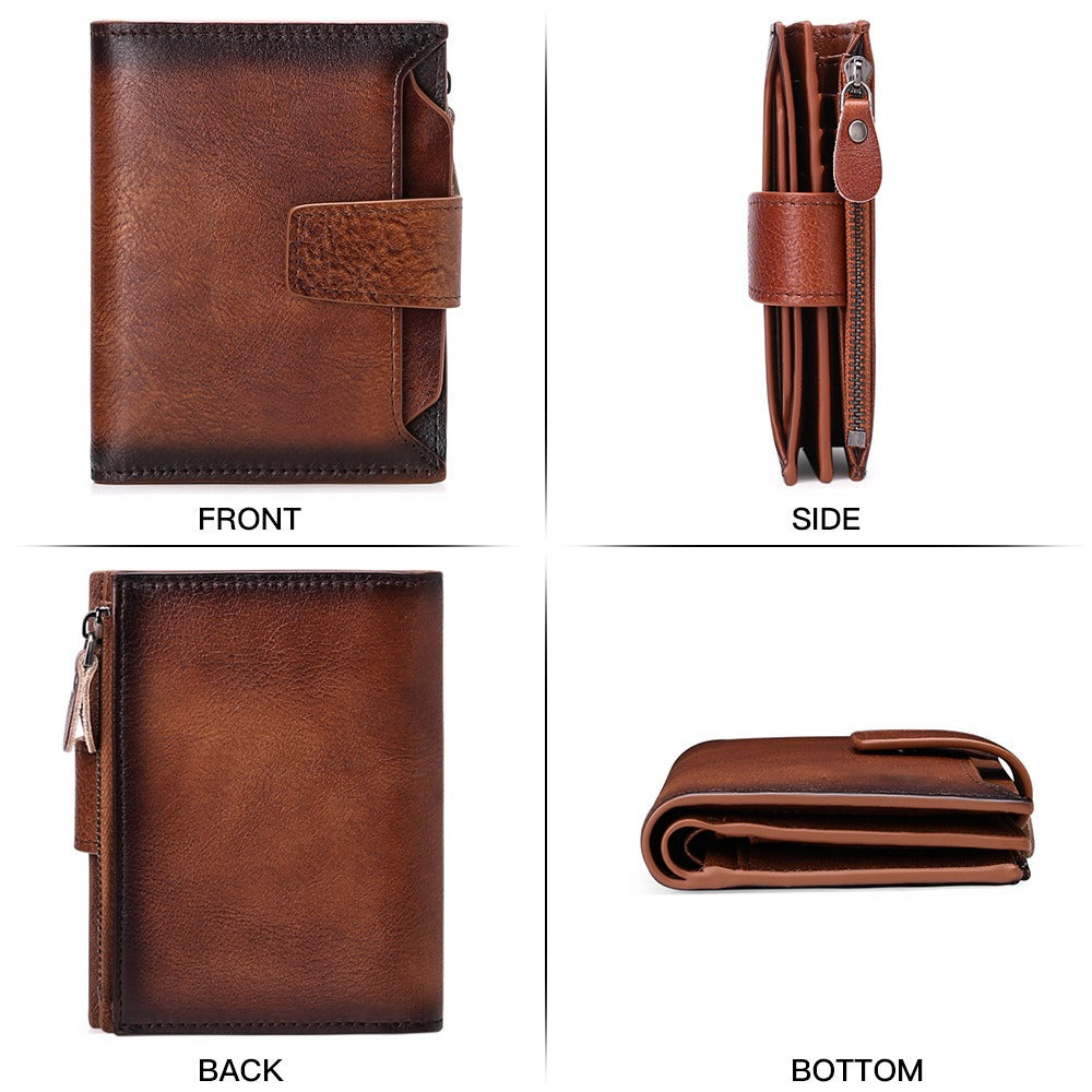 Men's short genuine leather wallet first layer cowhide Korean style fashion casual wallet driver's license wallet father's day gift - Korvel