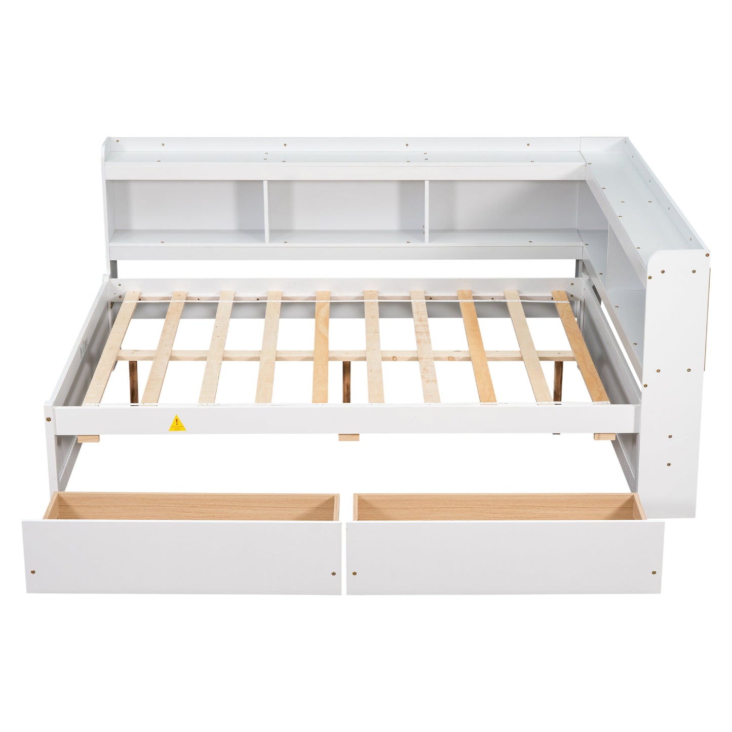 Elegant Full Bed with L-shaped Bookcases and Drawers in White