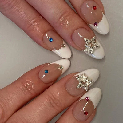 Wearable nails white French style wearable nails finished silver three-dimensional five-pointed star nail stickers wearable - Korvel
