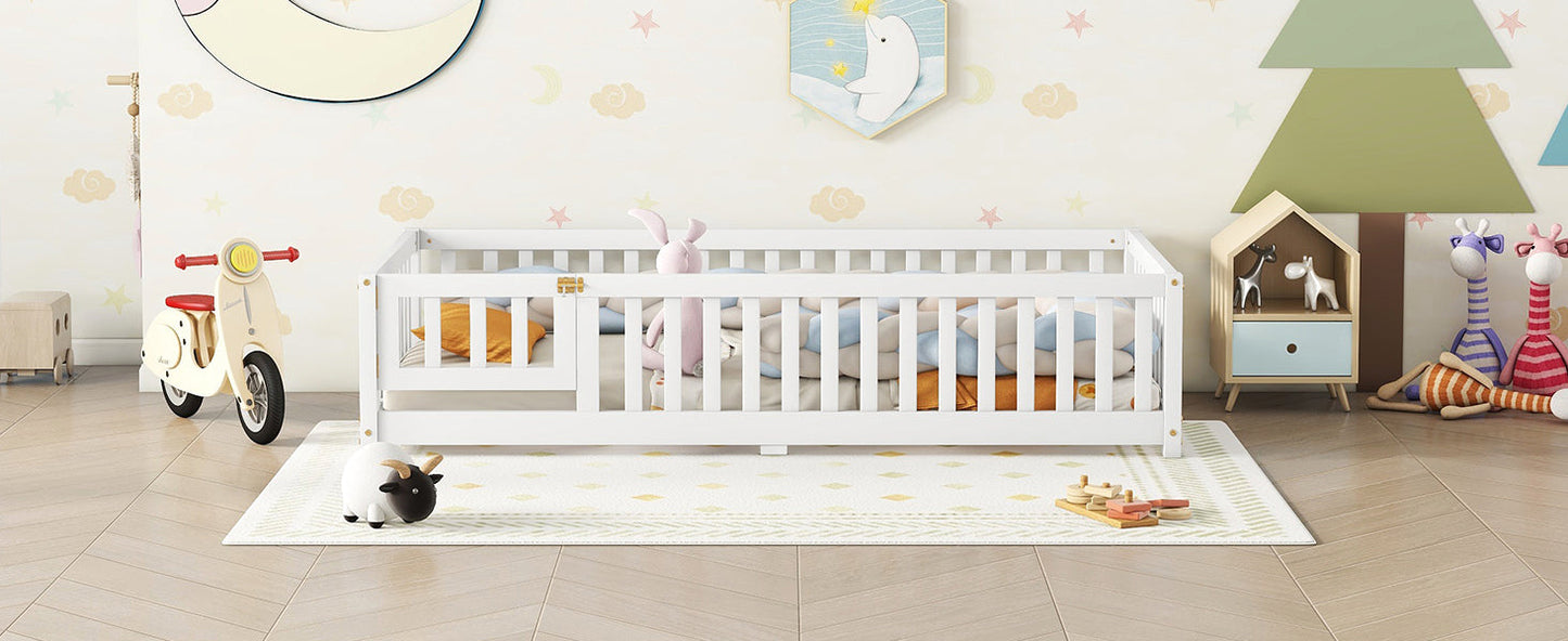 Twin Size Bed Floor Bed with Safety Guardrails and Door for Kids, White - Korvel