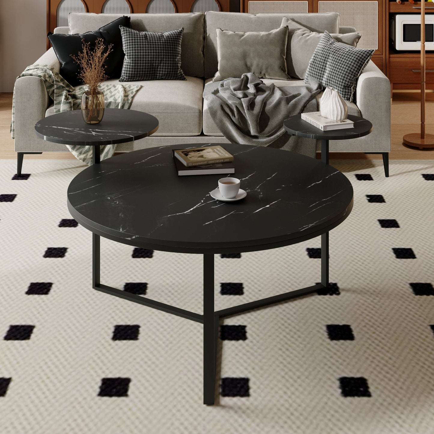 Modern coffee table with two display shelves, Black Faux marble surfaces, Tripod-inspired base,Rounded tabletop edges - Korvel