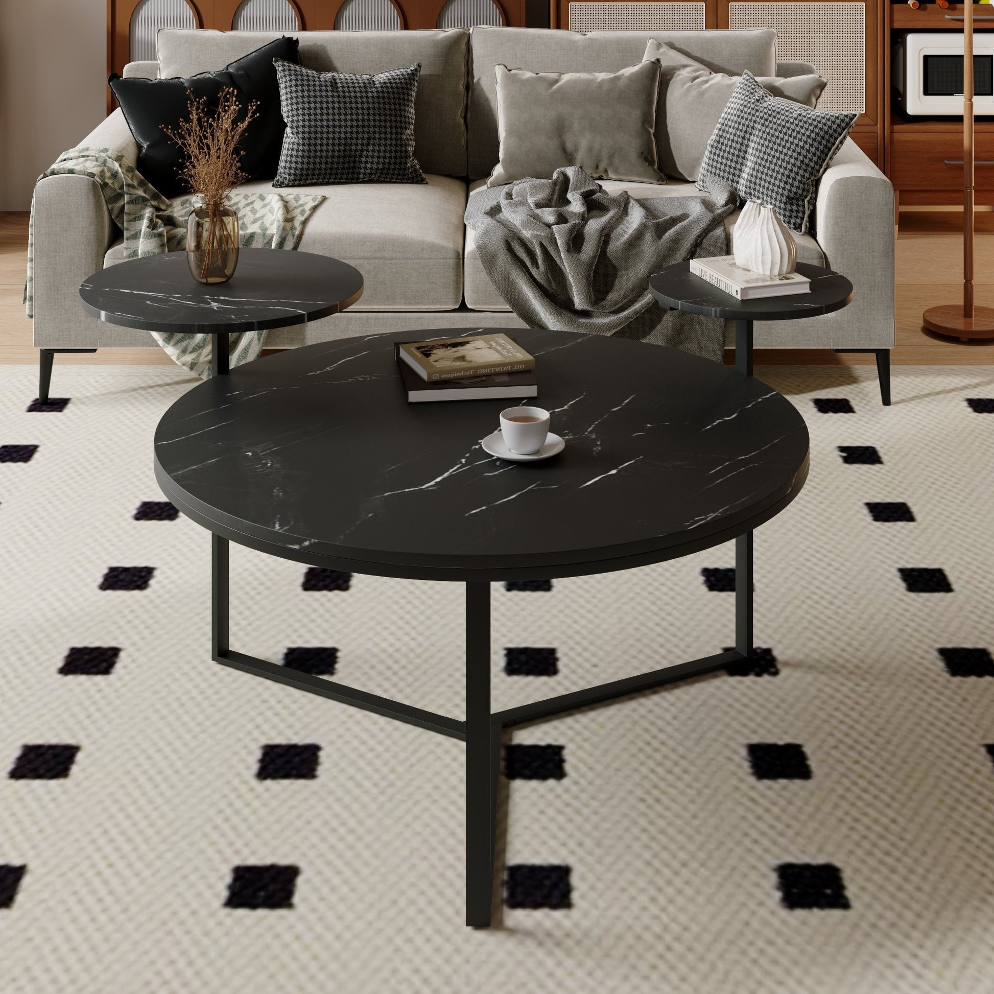Modern coffee table with two display shelves, Black Faux marble surfaces, Tripod-inspired base,Rounded tabletop edges - Korvel