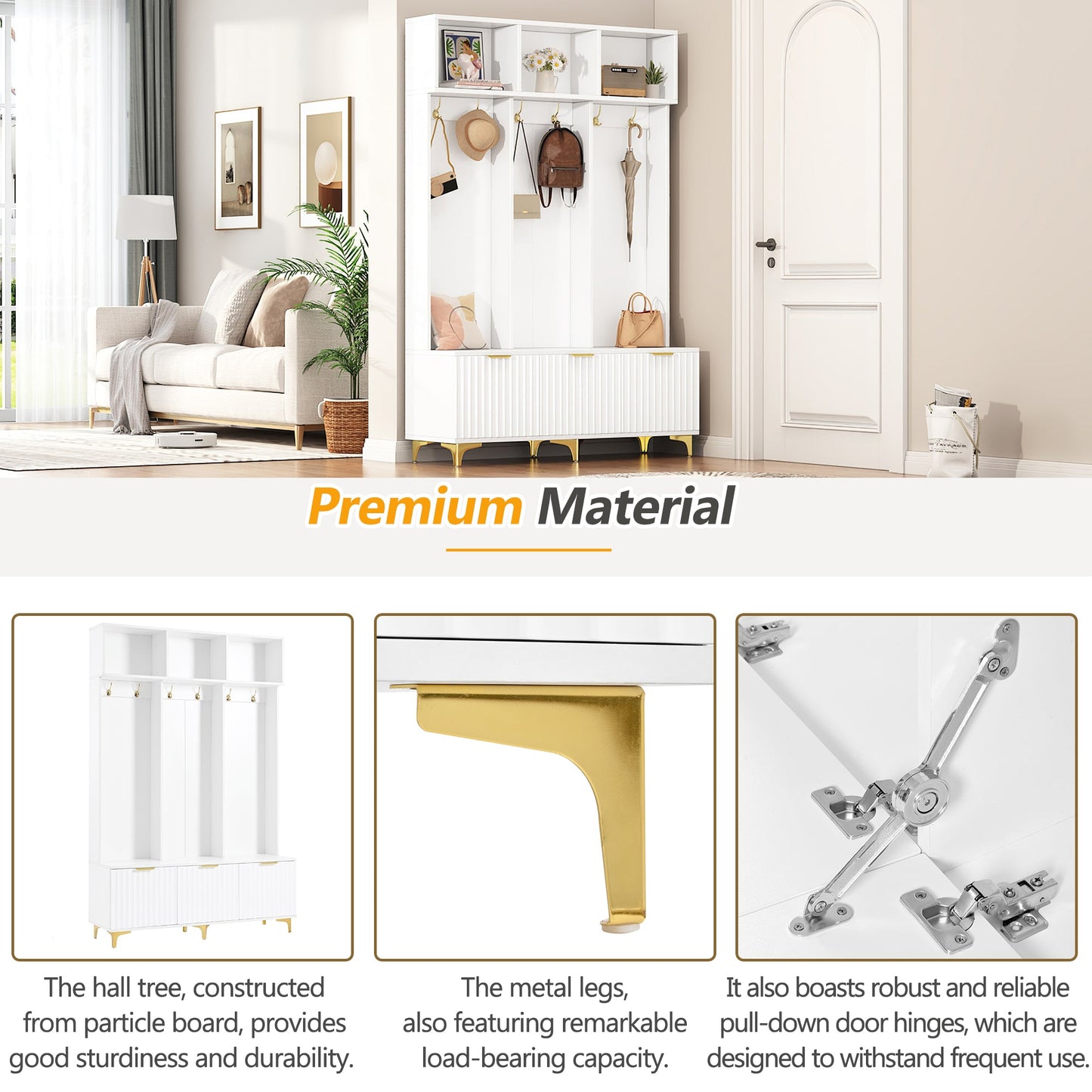 Large storage hall tree with bench, multifunctional storage platform, luxury clothes hanger equipped with 6 gold hooks - Korvel