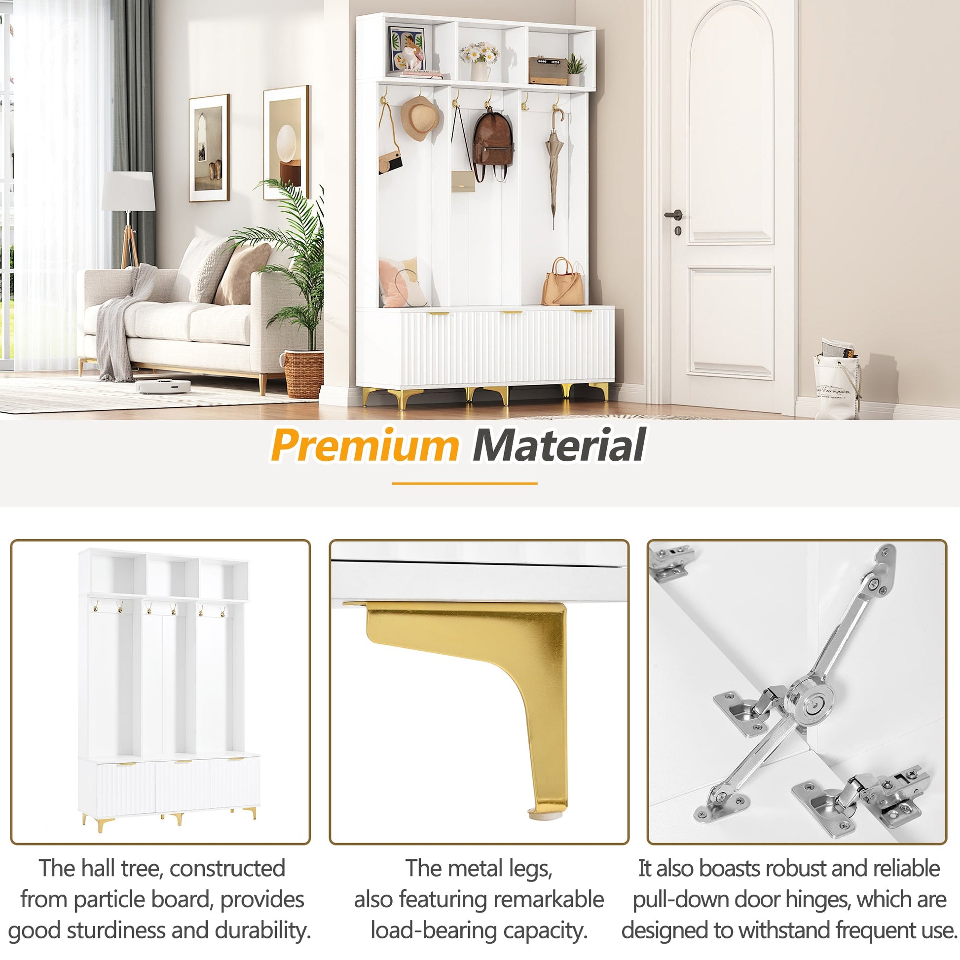 Large storage hall tree with bench, multifunctional storage platform, luxury clothes hanger equipped with 6 gold hooks - Korvel