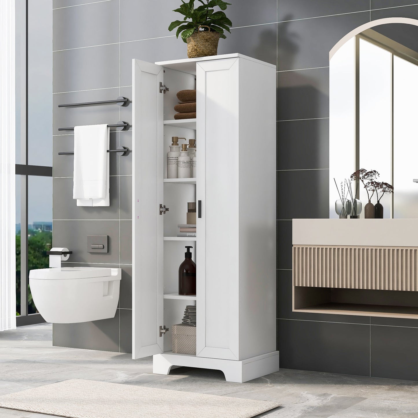 Storage Cabinet with Two Doors for Bathroom, Office, Adjustable Shelf, MDF Board, White - Korvel