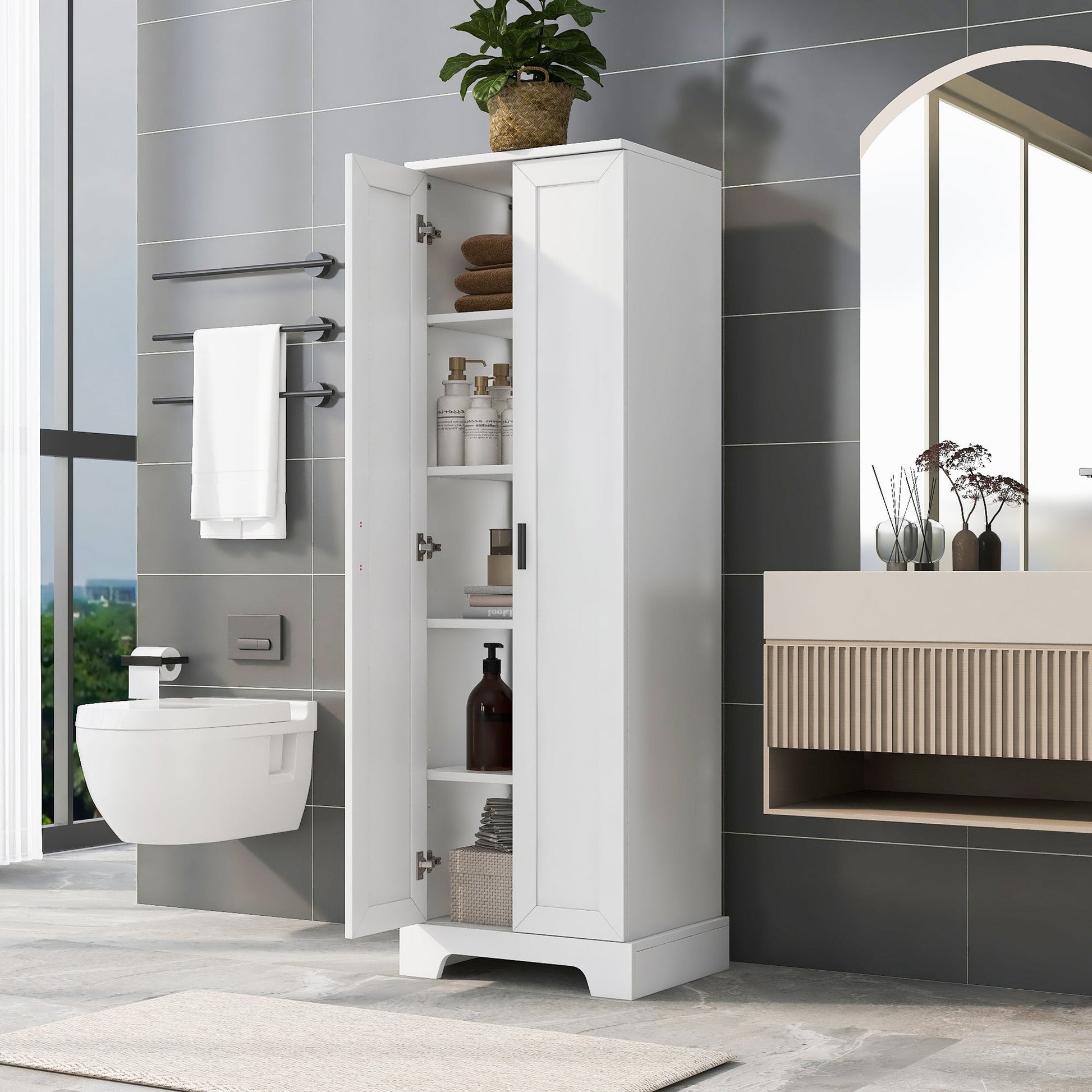 Storage Cabinet with Two Doors for Bathroom, Office, Adjustable Shelf, MDF Board, White - Korvel