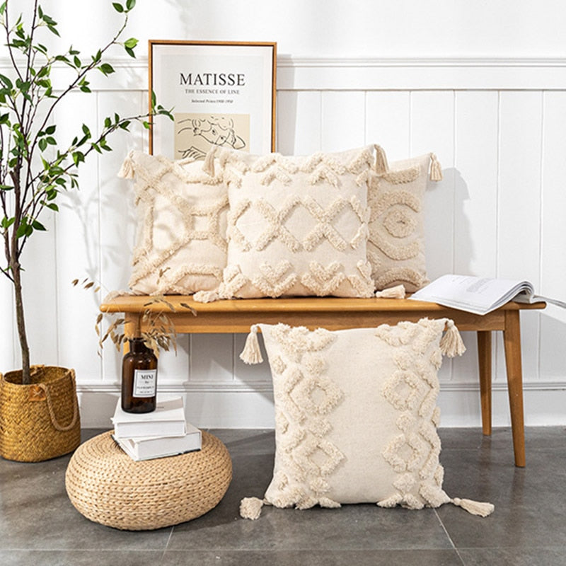 Tassels Cushion Cover 45x45cm Beige White Pillow Covers Decorative Pillow Case Square Home Boho Decor Macrame Pillowcase - Korvel
