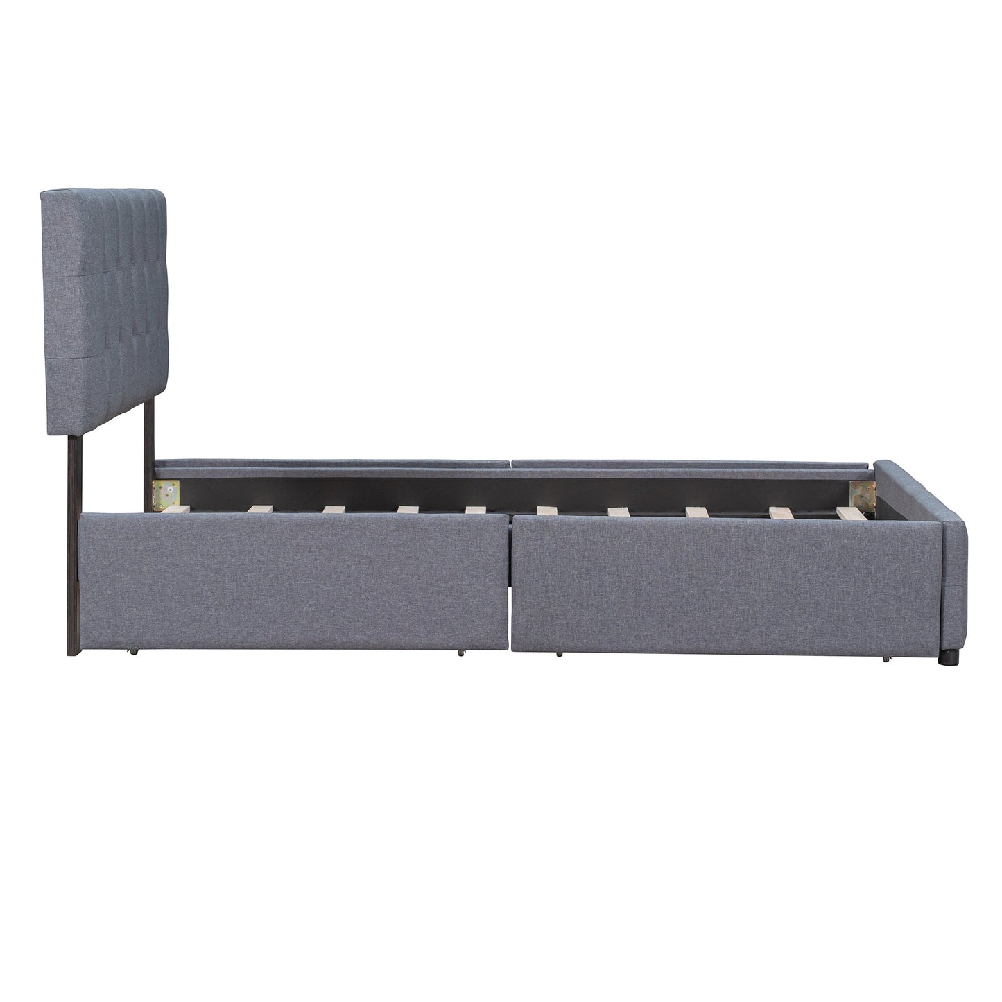 Upholstered Platform Bed with Classic Headboard and 4 Drawers No Box Spring Needed Linen Fabric Queen Size Dark gray - Korvel