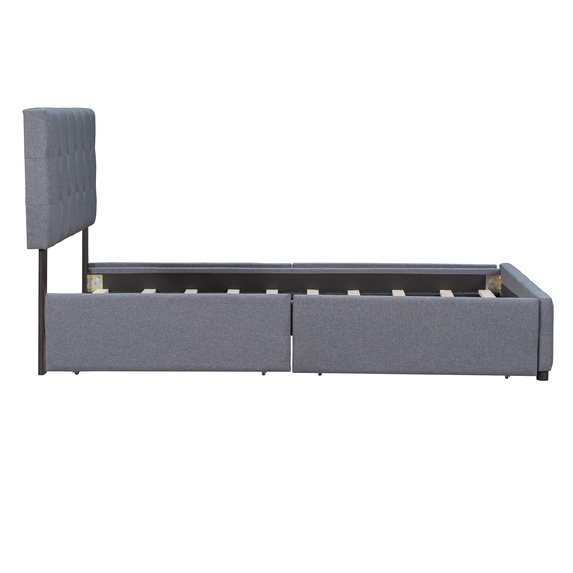 Upholstered Platform Bed with Classic Headboard and 4 Drawers No Box Spring Needed Linen Fabric Queen Size Dark gray - Korvel