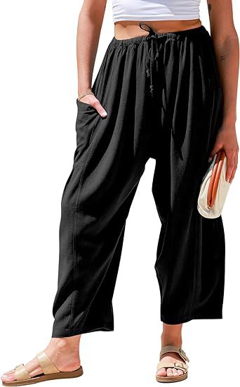 Pantalons larges en coton et lin taille haute pour femmes