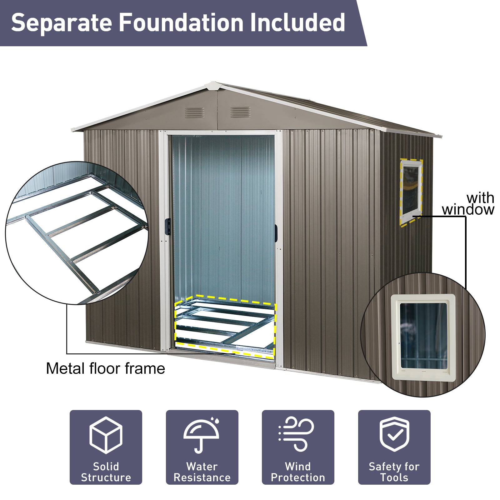 8ft x 6ft Outdoor Metal Storage Shed with Window Grey(W540S00016) - Korvel