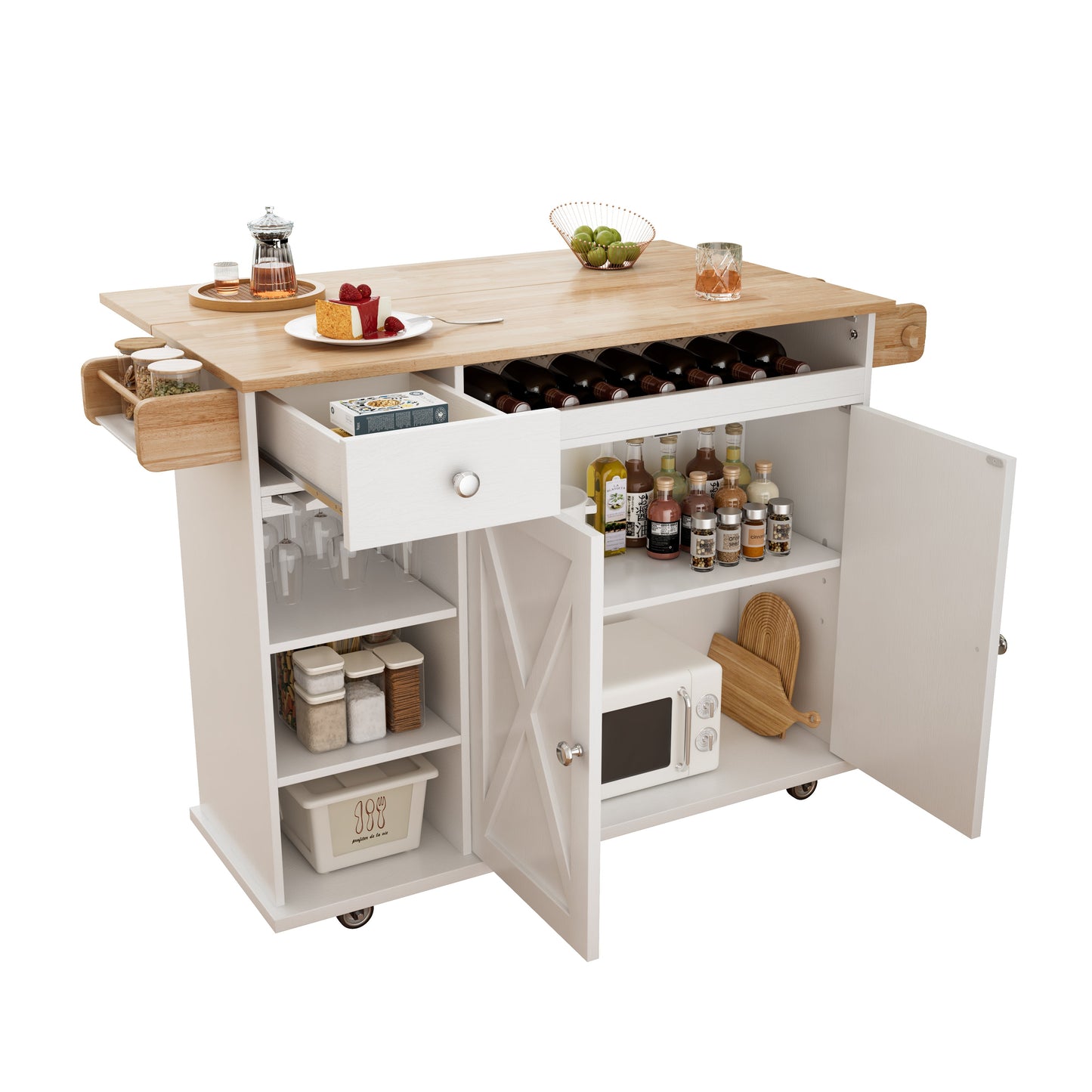 44 Inch Kitchen Island Cart with Solid Wood Top, Wine Storage, Spice Rack, Towel Rack, Wine Glass Holder White & Oak - Korvel