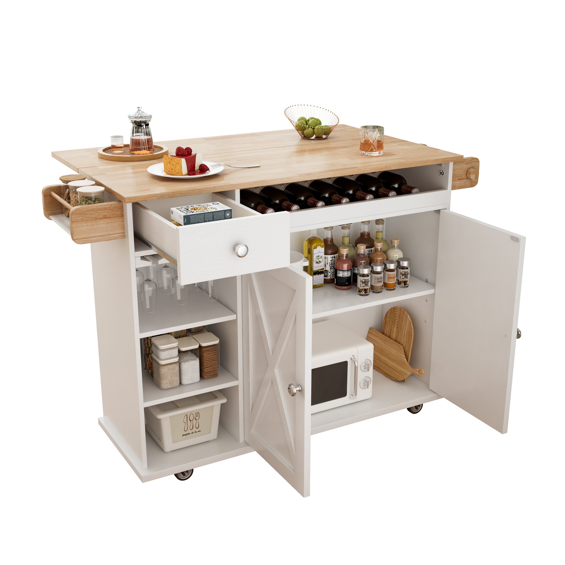 44 Inch Kitchen Island Cart with Solid Wood Top, Wine Storage, Spice Rack, Towel Rack, Wine Glass Holder White & Oak - Korvel
