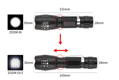 T6 Tactical Flashlight 1000 Lumens Zoom able IPX6 Waterproof Handheld Flashlight With Hidden COB Lighting - Korvel