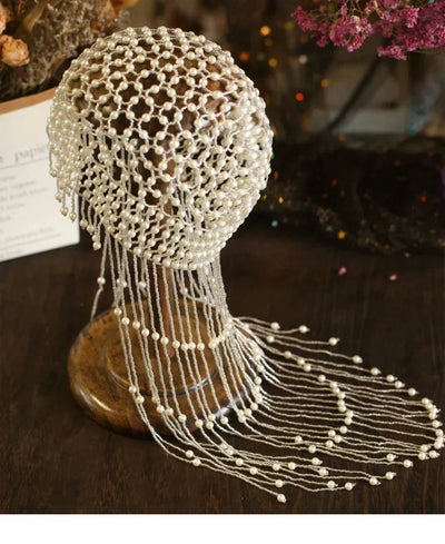 Handmade hollowed out headpiece performance pearl tassel hat - Korvel